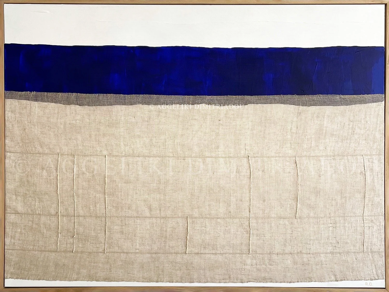 Horizons II (2022) by Aggeliki Dimitriadou. Large-scale fiber art (90x120cm) with linen weaving and deep blue acrylic on canvas. A minimalist abstract landscape exploring space and materiality.
