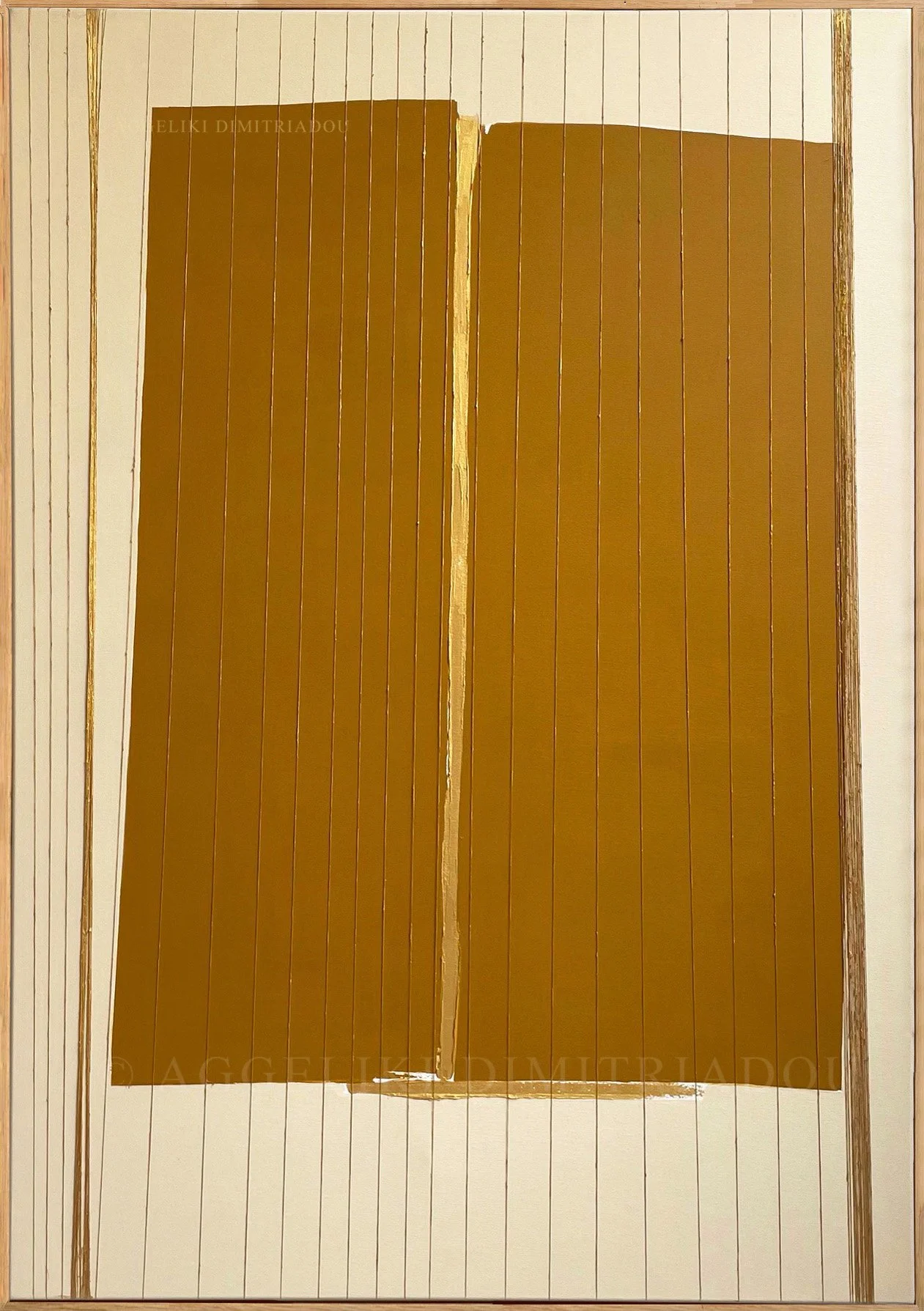 Mixed media painting "Dialogues III" (2023) by Aggeliki Dimitriadou. A large central area of gold acrylic paint is crossed by horizontal lines of natural linen yarn, framed by deep brown and beige tones on a 70x100 cm canvas.