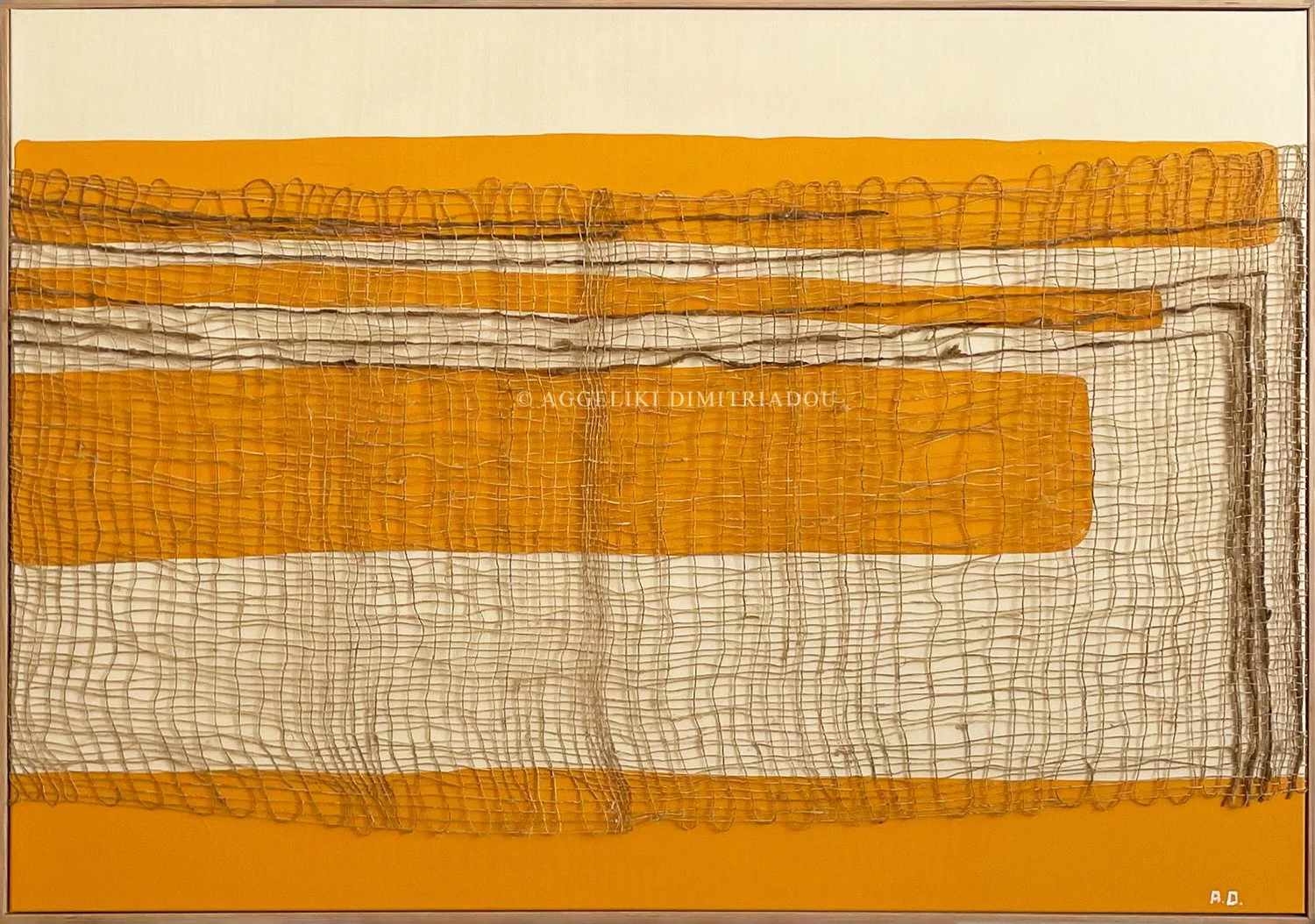 Thira Series 3, No. 4 by Aggeliki Dimitriadou. Mixed media weaving on canvas. Part of the Thira 2022 collection, exploring texture and depth through a vertical void.