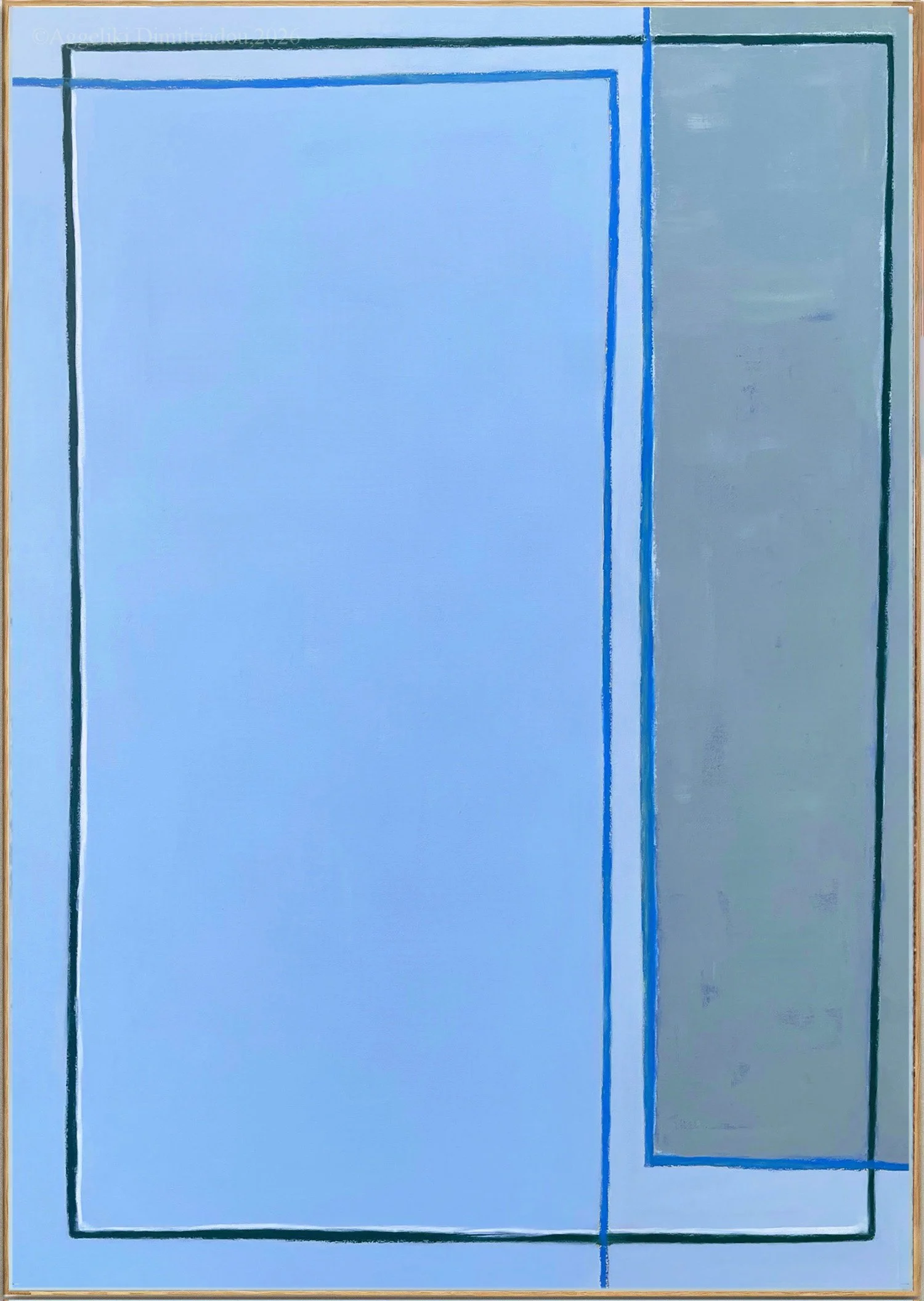 Minimalist abstract painting from the 'Traces' series by Aggeliki Dimitriadou. Mixed media with acrylics and oil pastels on canvas, featuring a textured composition with linear elements and blue green tones.