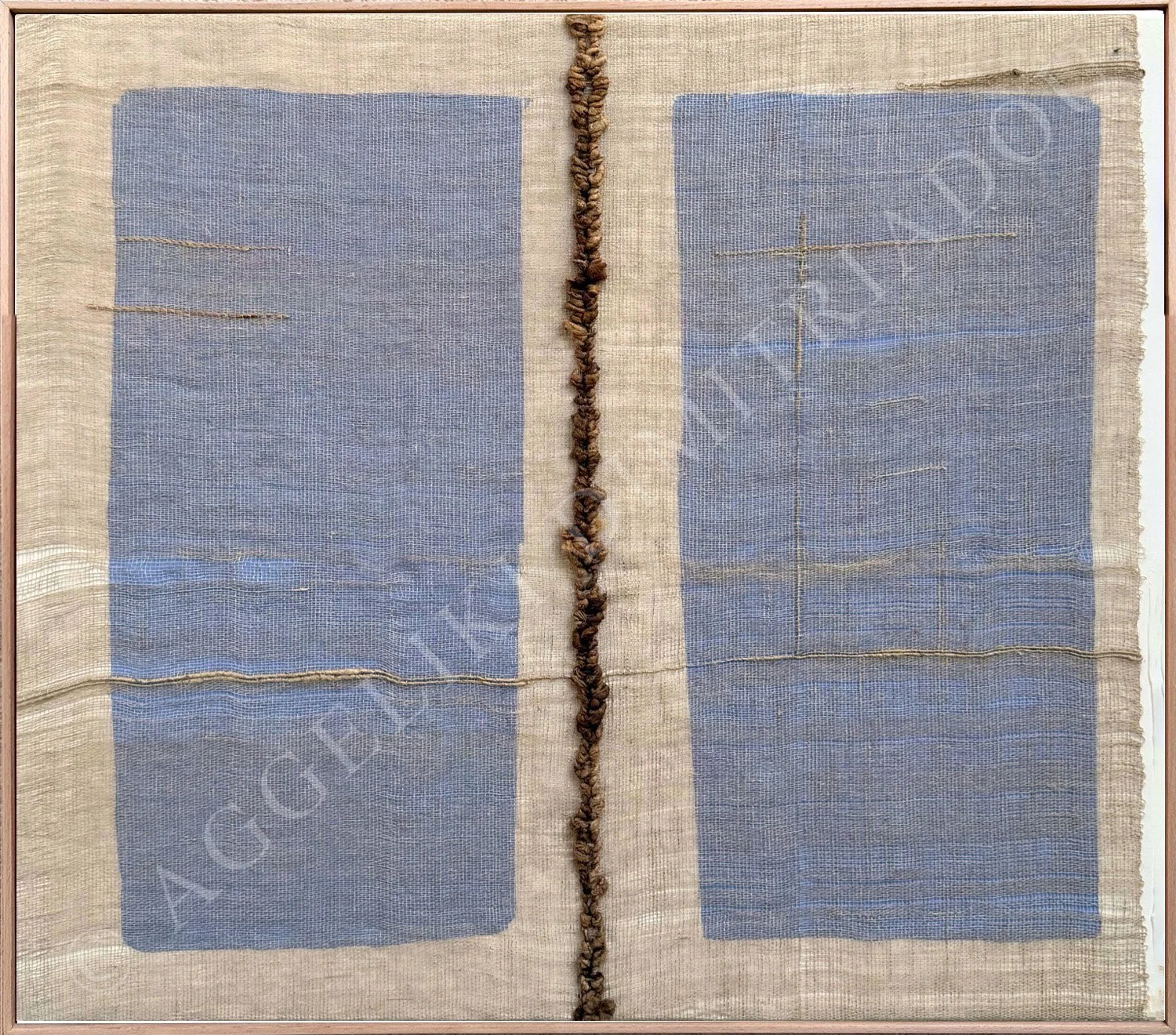 Abstract mixed media artwork "Synthesis VI" by Aggeliki Dimitriadou, featuring a large natural linen and wild silk weaving with integrated blue acrylic geometric shapes.