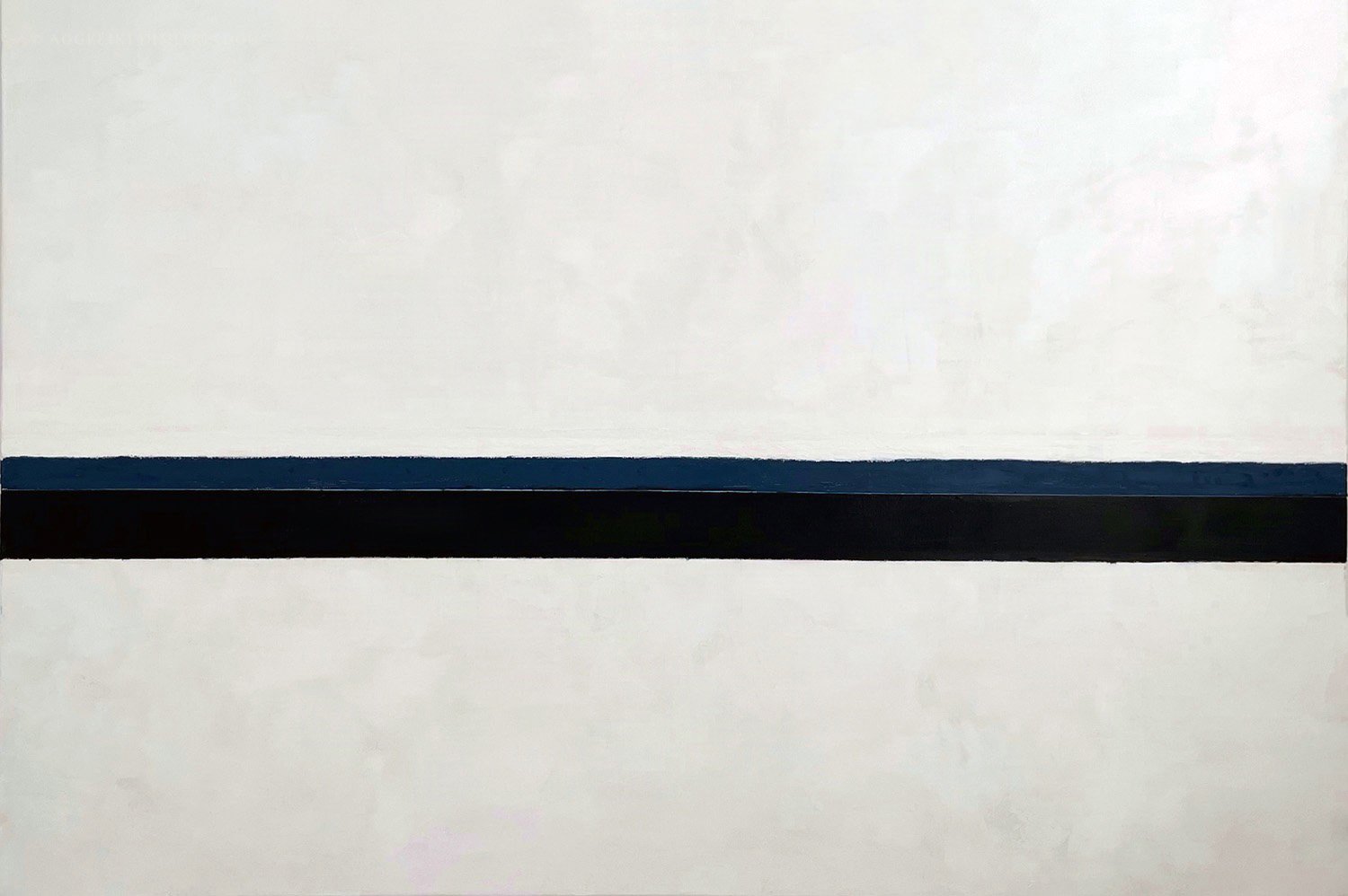 Minimalist abstract painting 'Between Sky and Sun' by Aggeliki Dimitriadou. Two dark blue and one white horizontal  lines centered within a  off-white background.