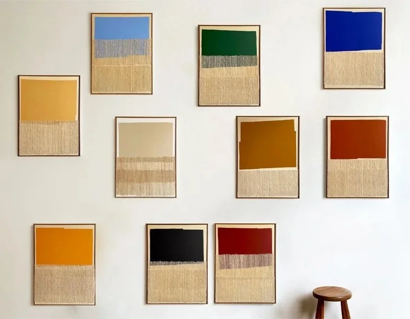 The Polymorphism series by Aggeliki Dimitriadou. Hemp weavings over bold acrylic color fields (60x47cm). Minimal tactile compositions where texture breaks the silence of flat surfaces.