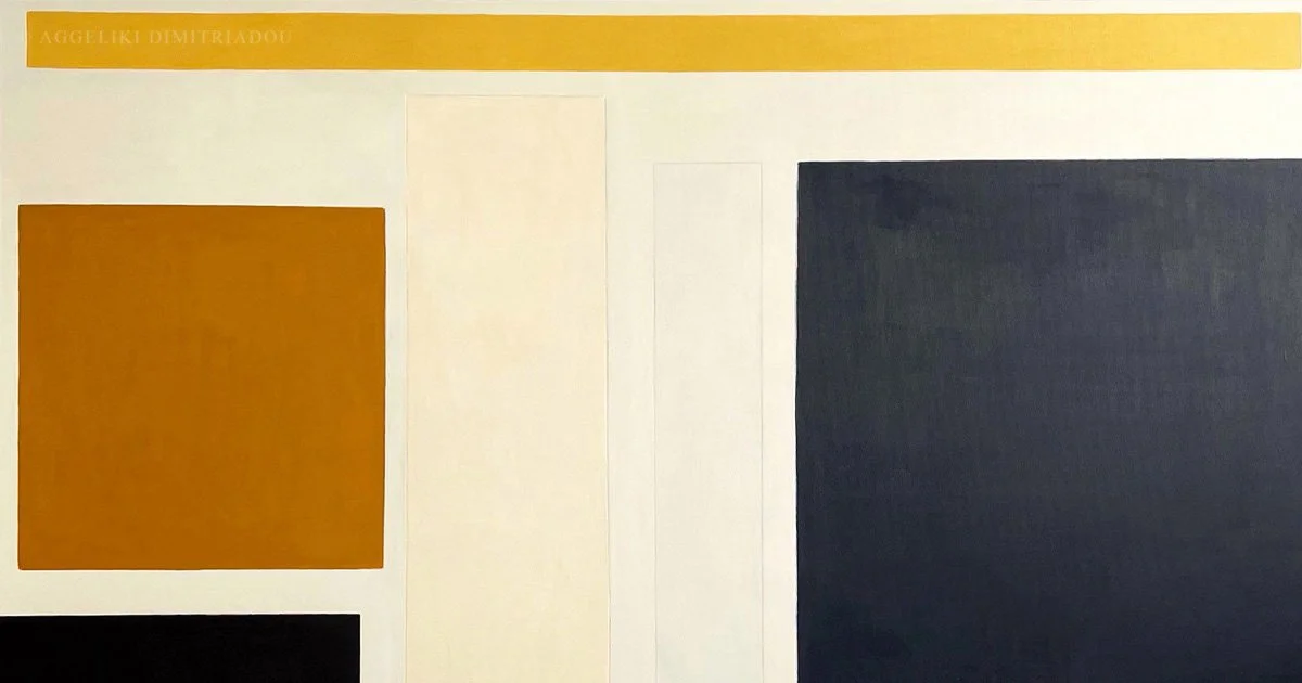 Abstract geometric painting detail from the Fragments series by Aggeliki Dimitriadou, featuring a minimalist composition of interlocking rectangular planes in beige, ochre, terracotta, and muted cream, with a subtle vertical accent of yellowochre.