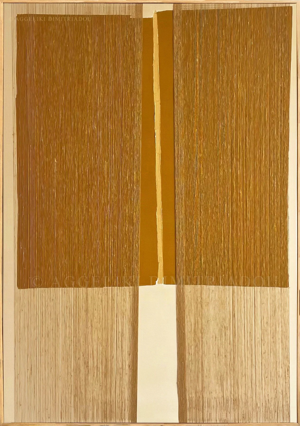 Mixed media painting "Dialogues II" from the 2023 series by Aggeliki Dimitriadou. A central vertical element of gold metallic acrylic integrated with natural linen yarn, contrasting against organic brown and beige acrylic fields.