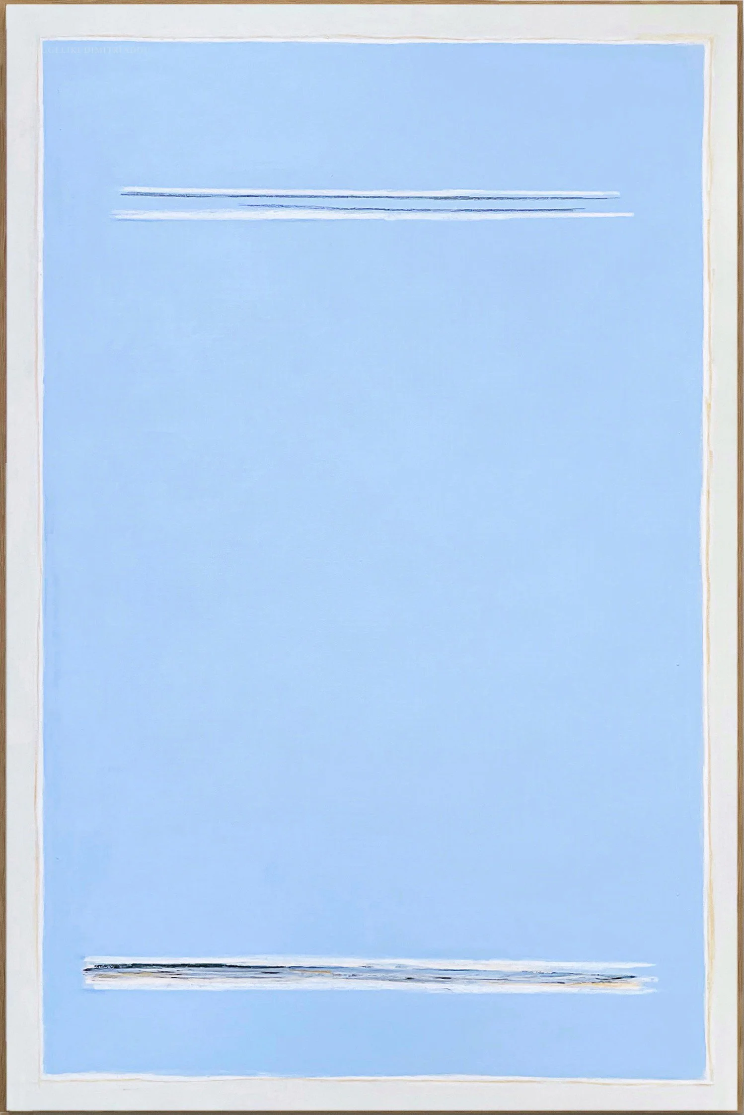 Minimalist abstract painting from the 'Traces' series by Aggeliki Dimitriadou. Mixed media with acrylics and oil pastels on canvas, featuring a textured composition with linear elements and muted tones.