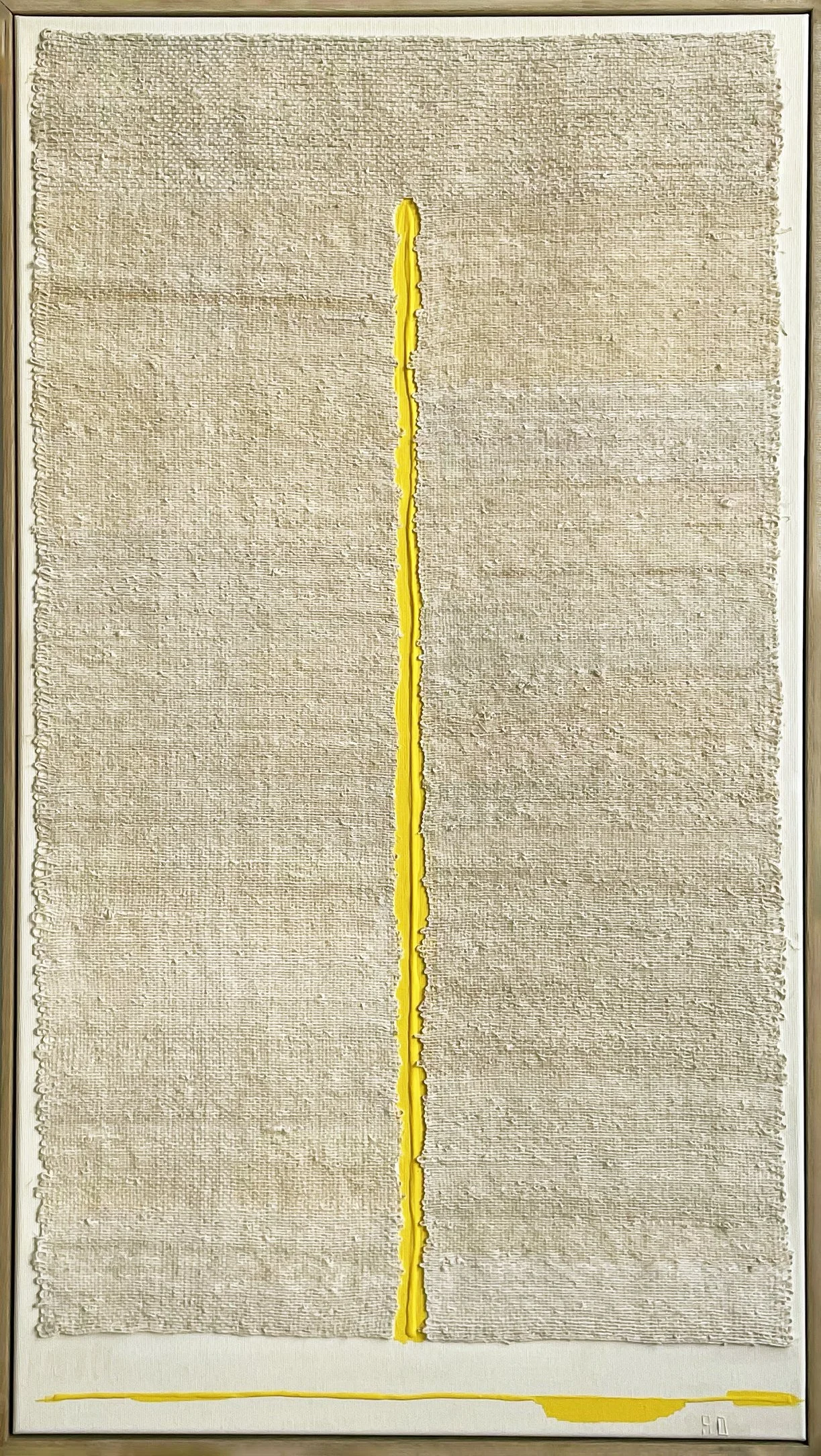 Gap VI by Aggeliki Dimitriadou. Hand-woven hemp weaving on canvas with yellow acrylic accents. Features a raw vertical opening and a minimalist horizontal color line at the base.