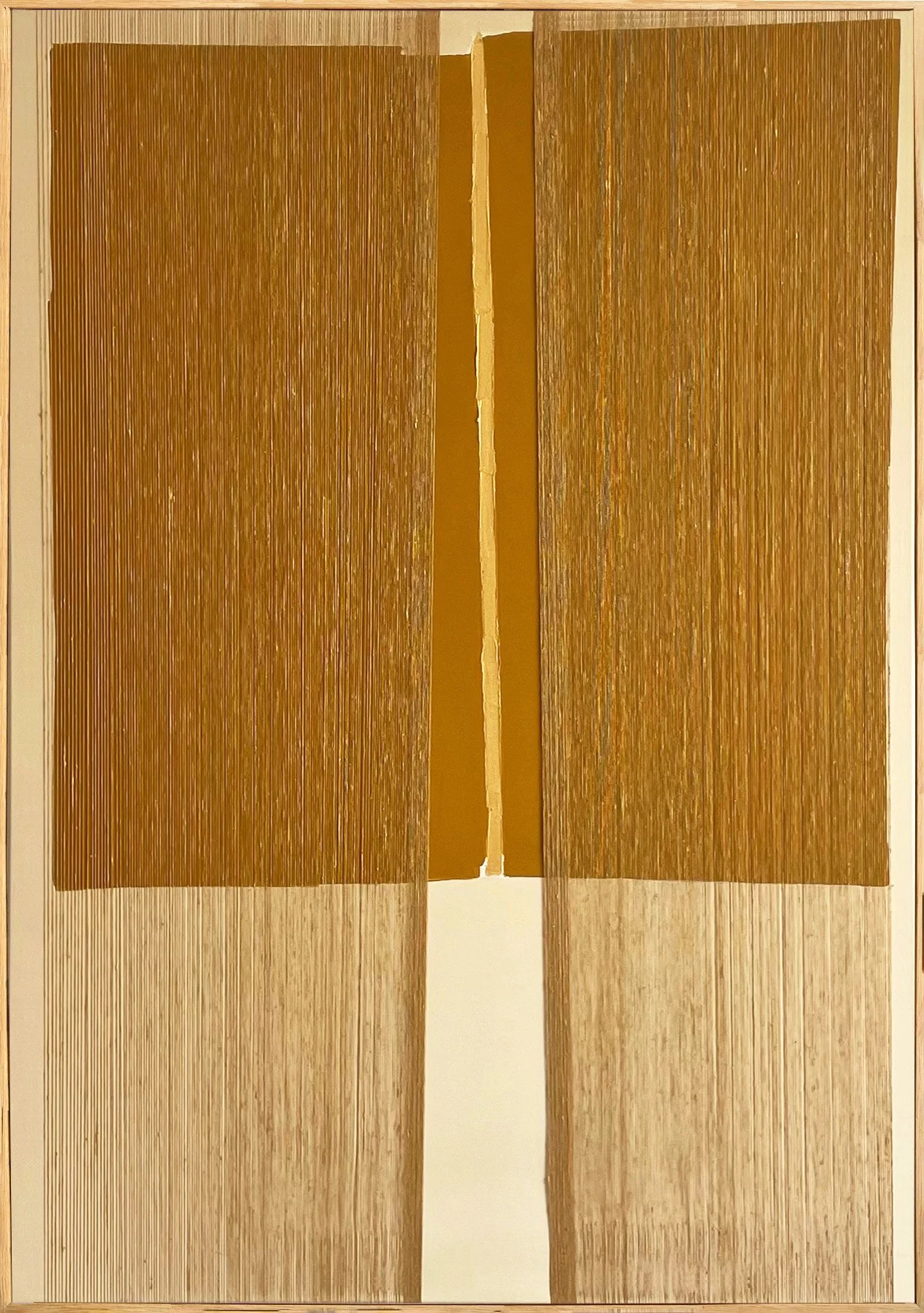 Mixed media painting "Dialogues II" from the 2023 series by Aggeliki Dimitriadou. A central vertical element of gold metallic acrylic integrated with natural linen yarn, contrasting against organic brown and beige acrylic fields.