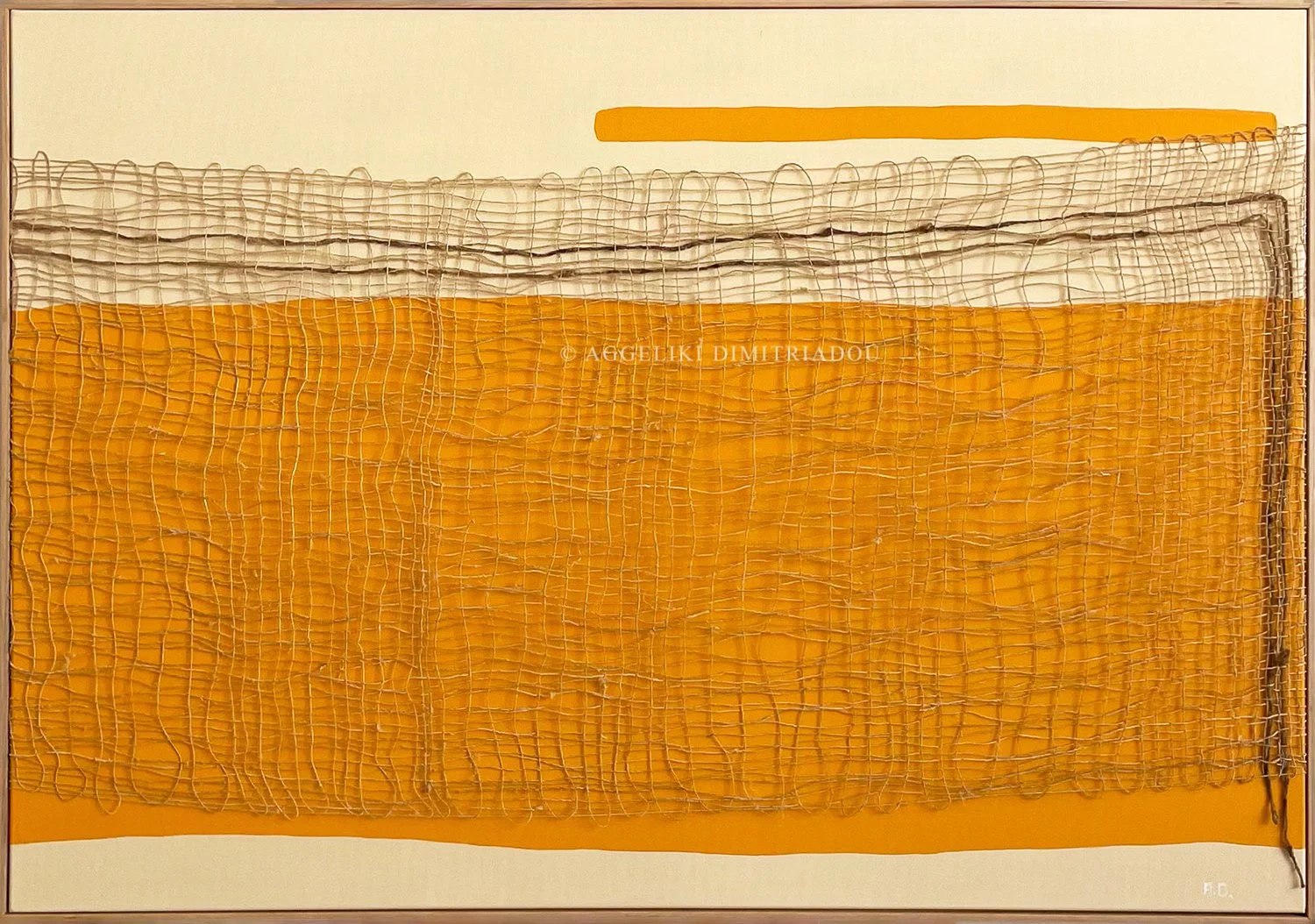 Thira Series 3, No. 5 by Aggeliki Dimitriadou. Hand-woven textile over a yellow-ochre background. Commissioned work for Nobu Hotel Santorini.