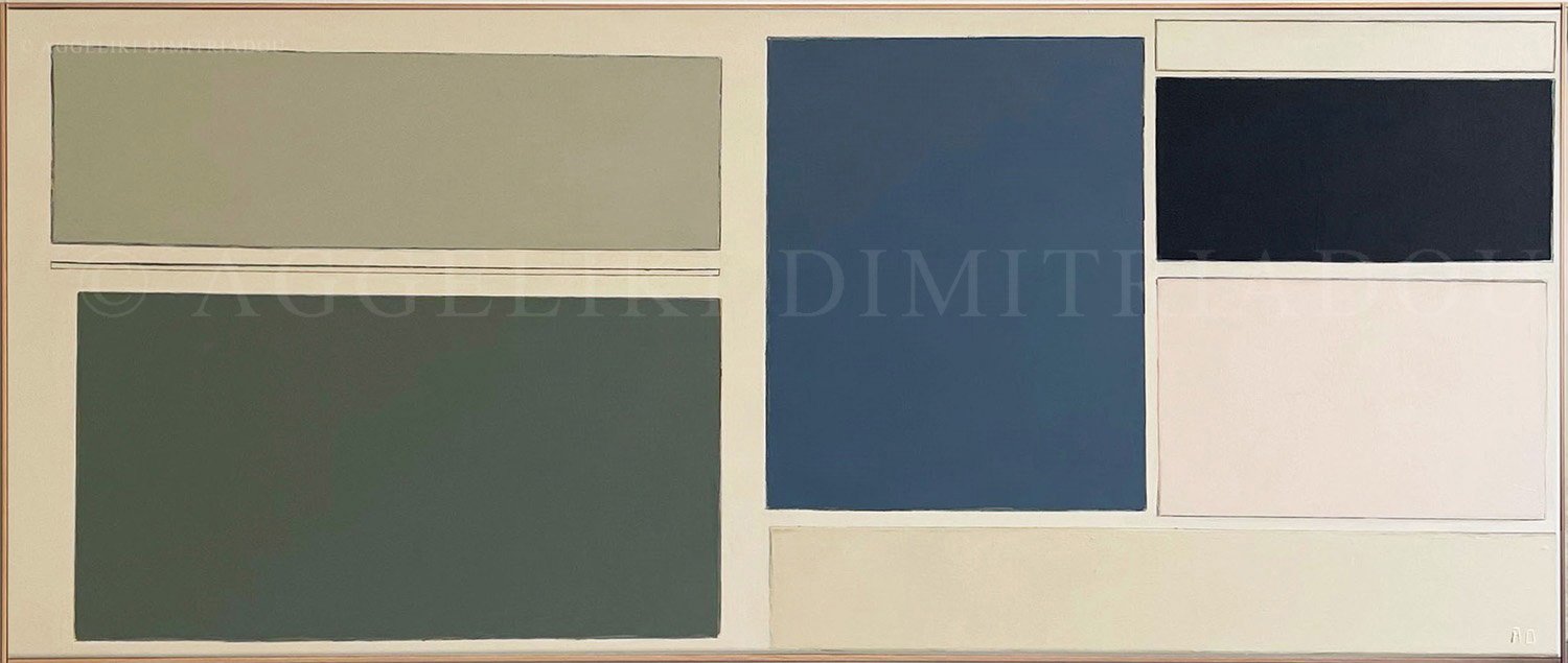 Abstract geometric painting titled Fragments IV by Aggeliki Dimitriadou, featuring a bold composition of rectangular forms on a beige background. The palette consists of green and blue tones including deep blue, light pink.