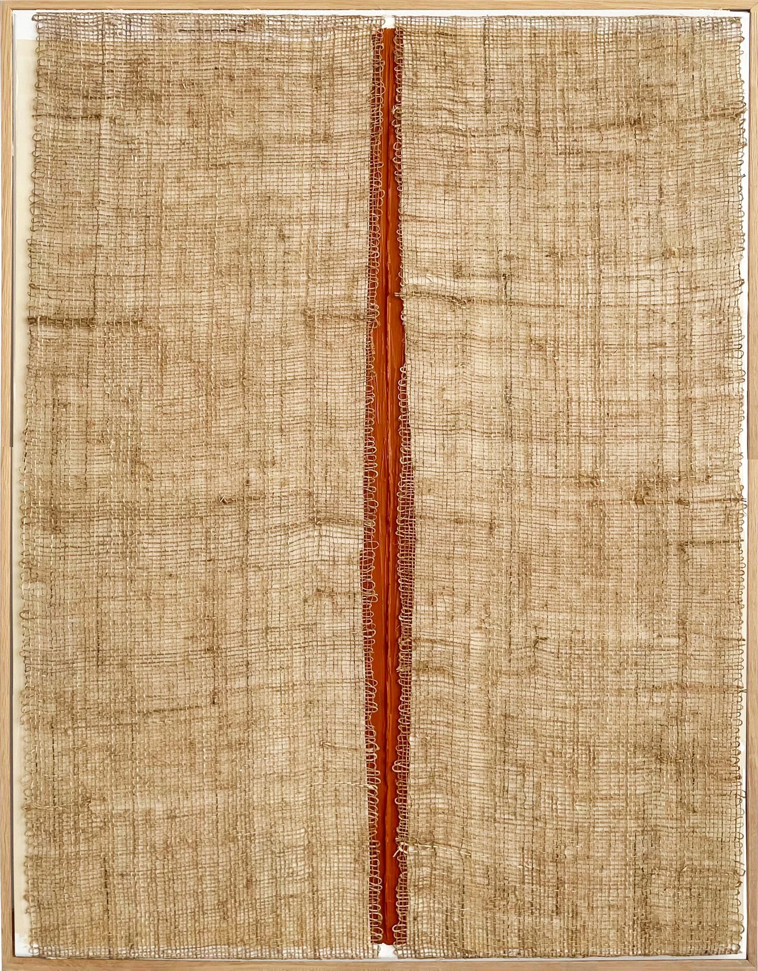 Gap IX by Aggeliki Dimitriadou. Hand-woven hemp fiber on canvas with an orange-terracotta acrylic background. A vertical opening exposes the vibrant underlayer, exploring textile materiality.