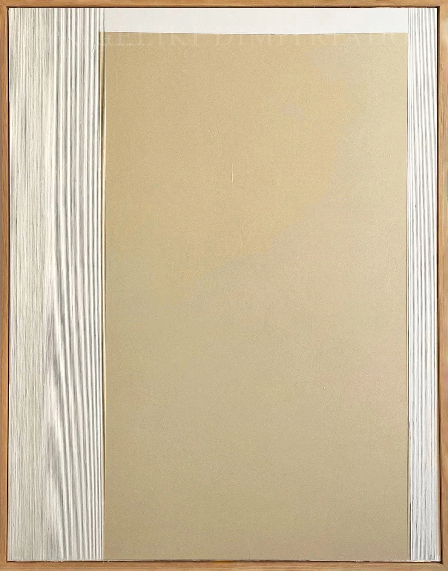 Minimalist abstract mixed media painting "Innocence V" by Aggeliki Dimitriadou, featuring a large central block of smooth beige acrylic paint flanked by two narrow, densely textured bands of vertical white threads on canvas.