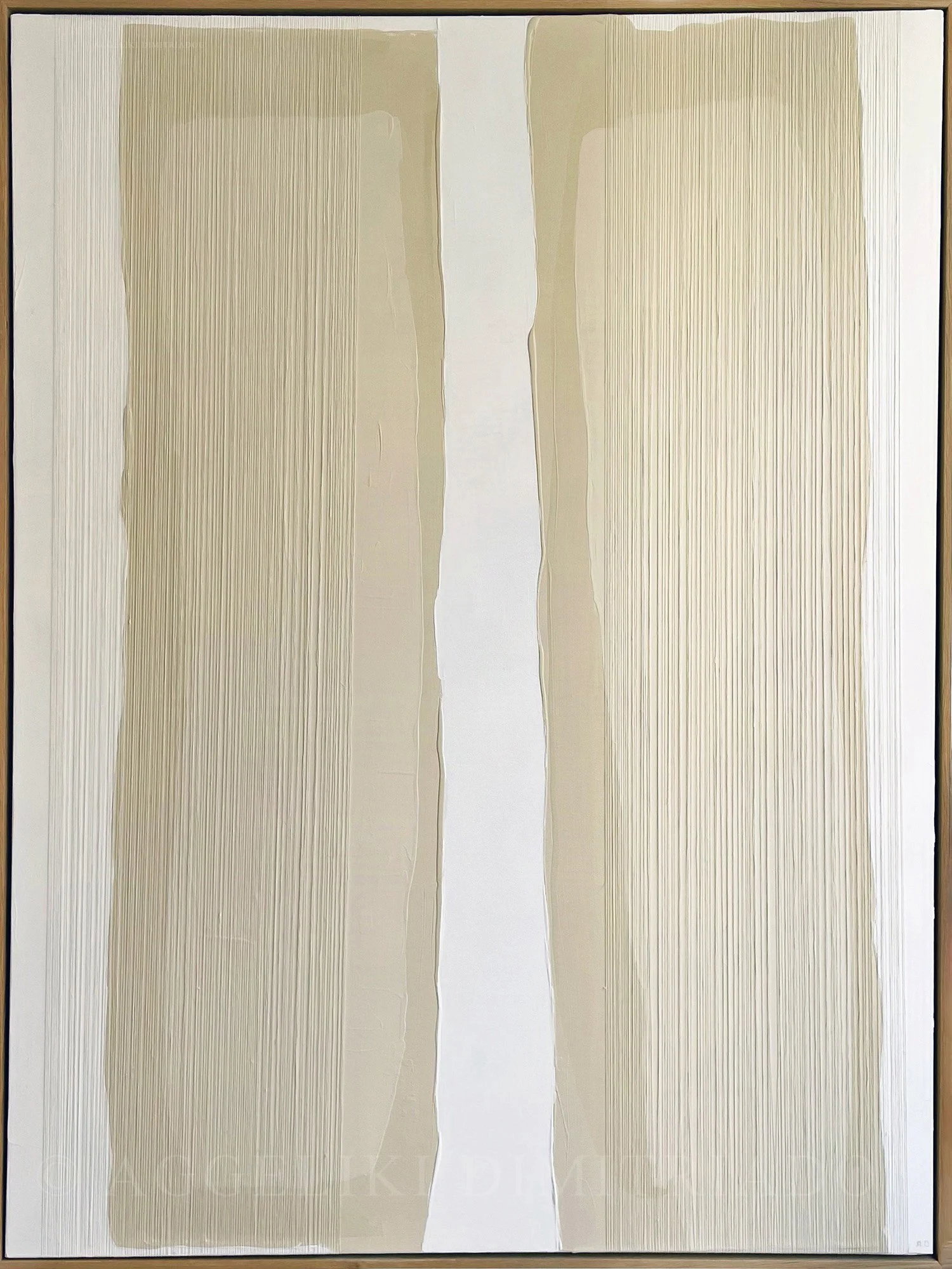 Contemporary mixed media painting "Innocence I" by Aggeliki Dimitriadou. Minimalist abstract composition featuring two large vertical beige panels with dense linen yarn texture, divided by a central white space on canvas.