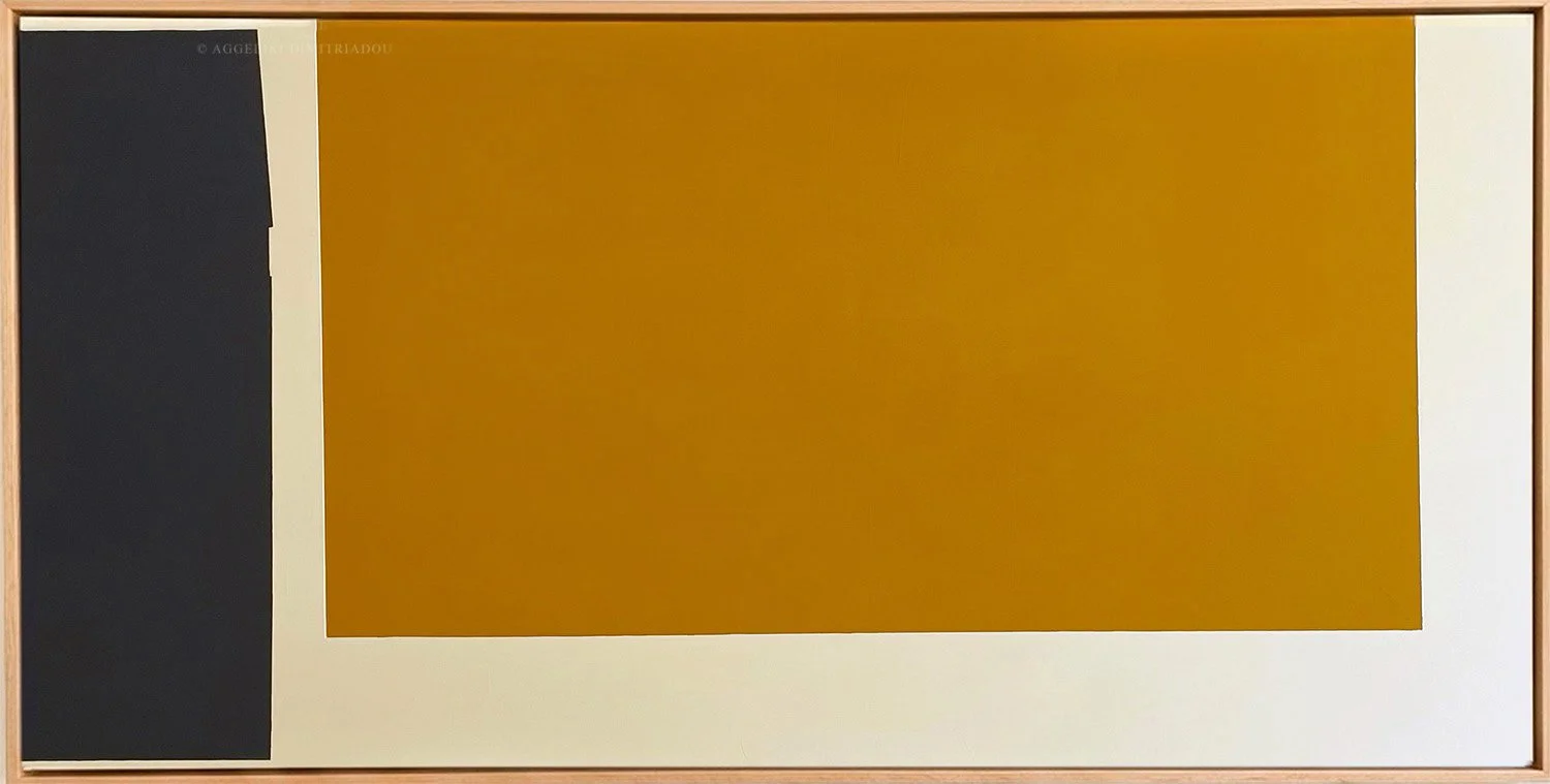 Large abstract acrylic painting 'Colorfield I' by Aggeliki Dimitriadou. The artwork features geometric shapes in ochre, dark blue, and beige, framed in an extra-thin natural beech wood floater frame.