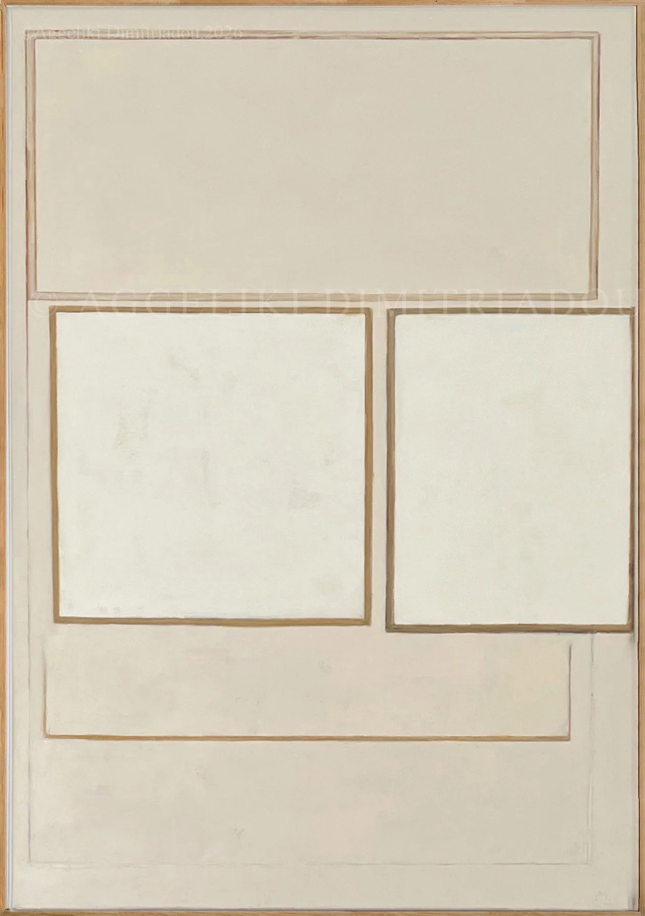 Contemporary abstract artwork Traces XII by Aggeliki Dimitriadou, showcasing sharp oil pastel tracks and linear textures cutting through a layered acrylic neutral composition on canvas.