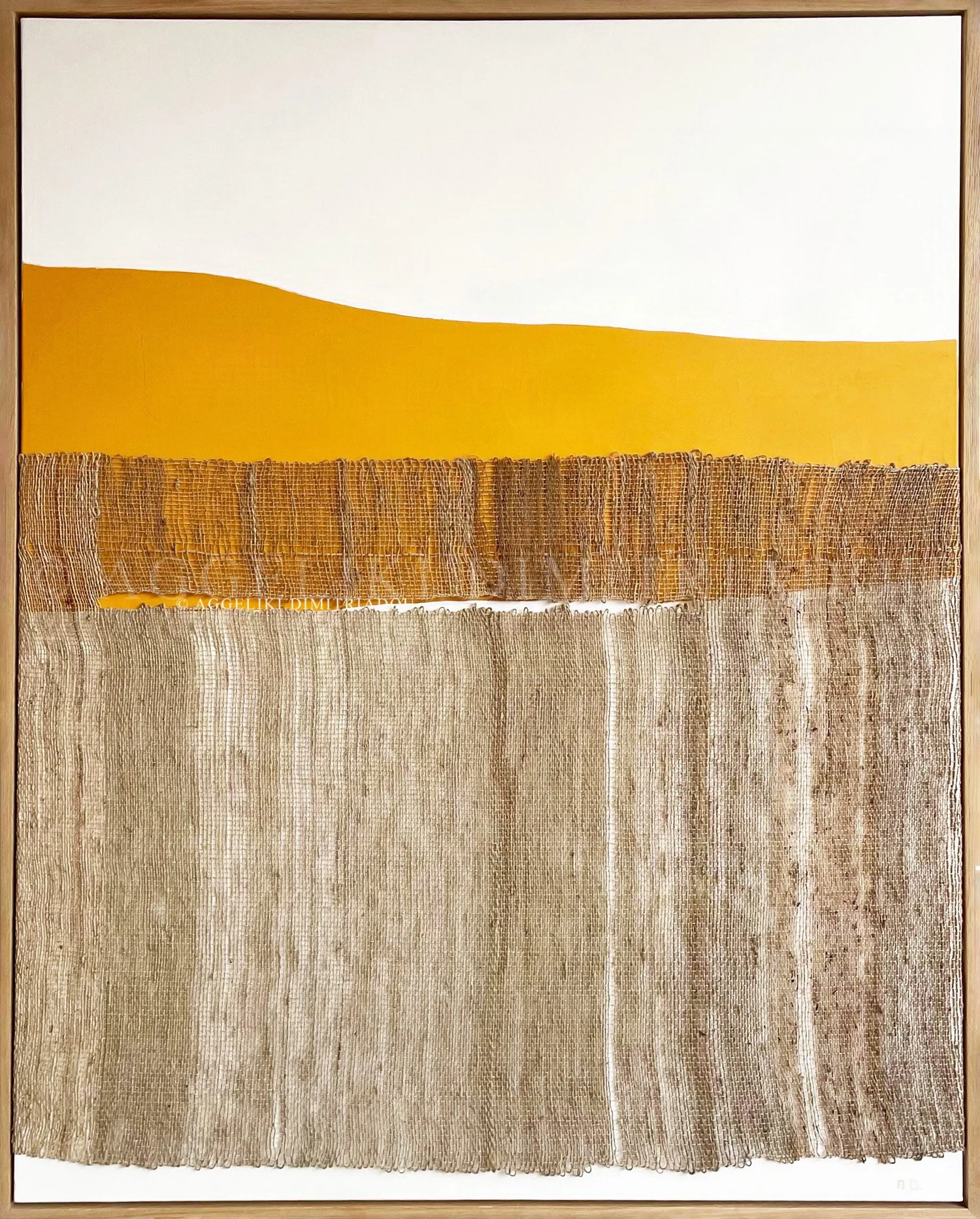 Horizons III (2022) by Aggeliki Dimitriadou. Nettle weaving and yellow acrylic on canvas (80x100cm). Minimalist fiber art exploring the horizon through organic stinging nettle textures and bold color fields.