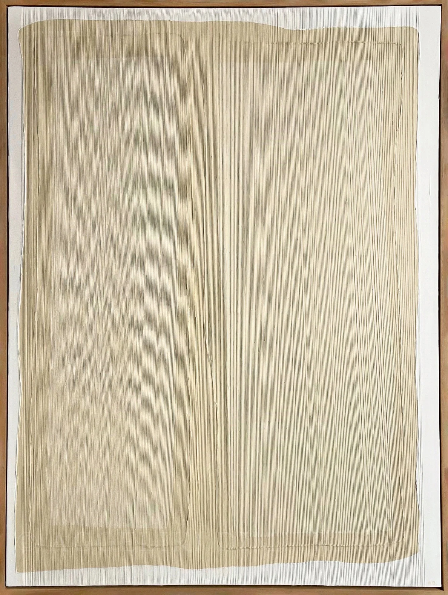 Large-scale mixed media artwork "Innocence III" by Aggeliki Dimitriadou. The composition is dominated by a vast, textured beige field created with repetitive vertical linen threads, framed by a thin white border on canvas.