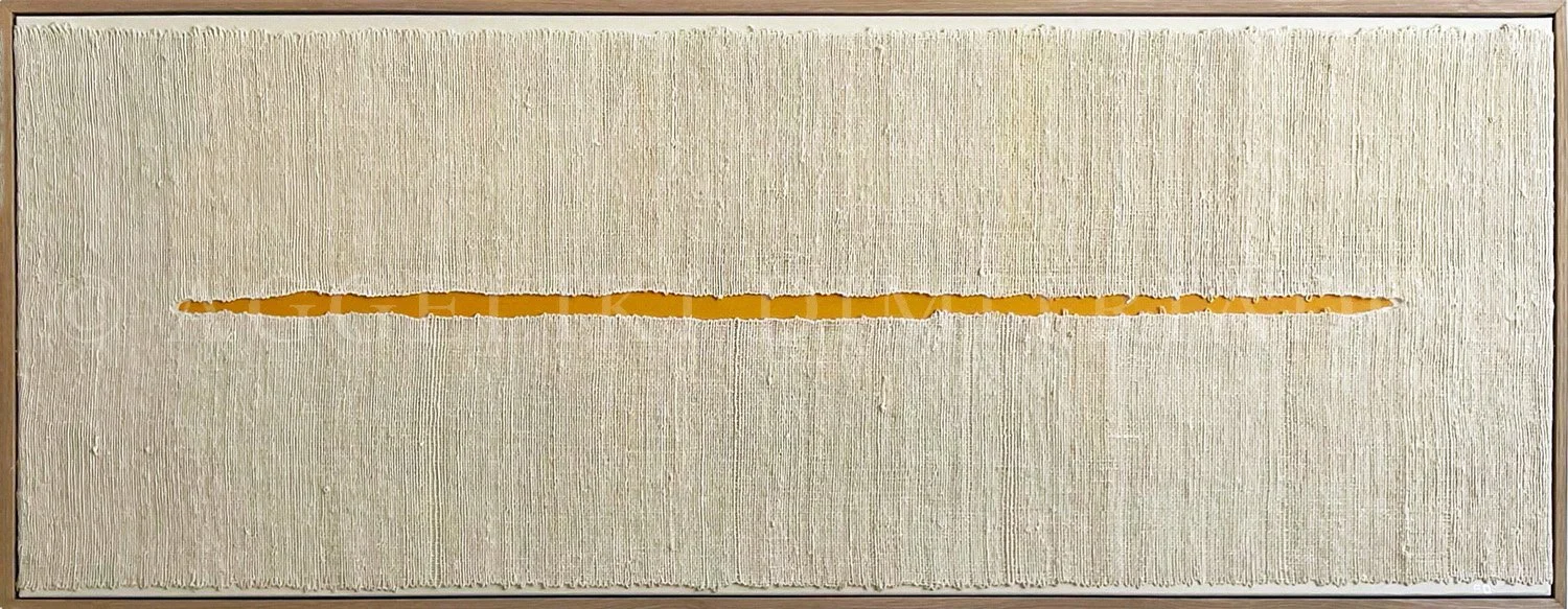 Abstract artwork featuring a horizontal, jagged yellow line across a textured cream weaving background in a wooden frame. The artwork is from Gaps series by Aggeliki Dimitriadou.