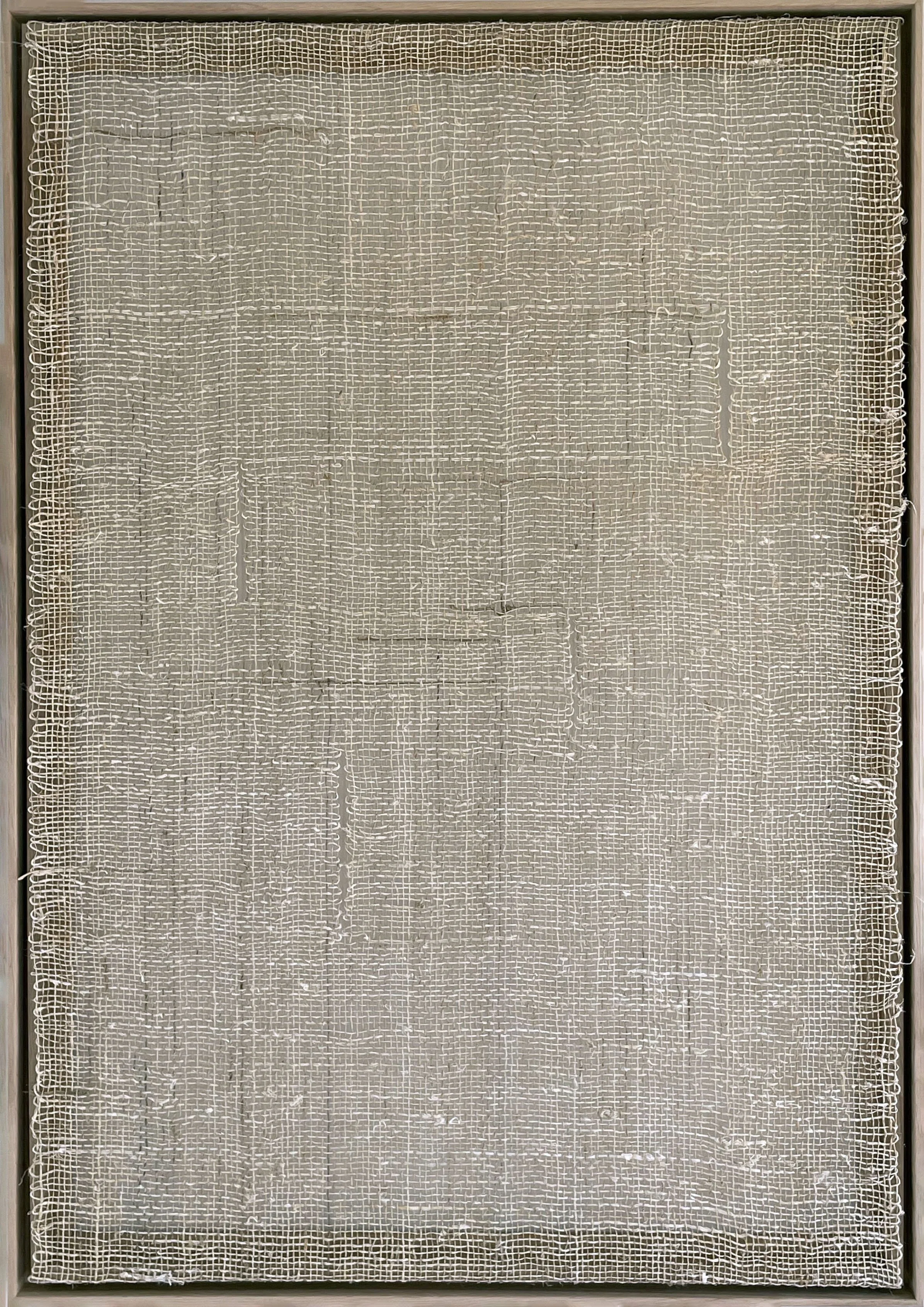 Gap IV by Aggeliki Dimitriadou. Hand-woven hemp structure on frame. Part of the Gaps series, exploring the transparency of textile art and the structural integrity of natural fibers.