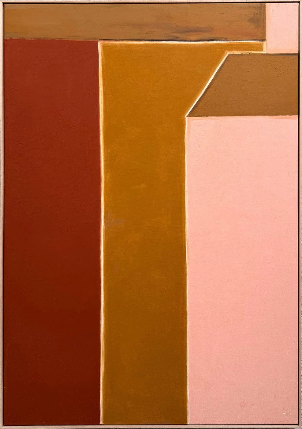 'The Buildings I A' abstract painting: Minimalist geometric shapes in terracotta, ochre, and pink by Aggeliki Dimitriadou.
