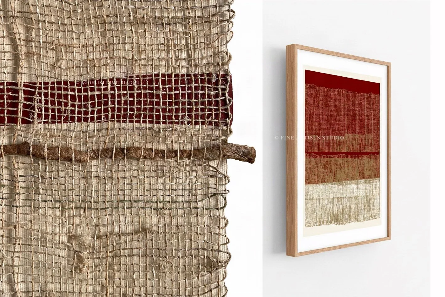 Side-by-side comparison of an original handmade woven textile and its limited edition signed art print 'Terra' by Aggeliki Dimitriadou, framed on a white wall.