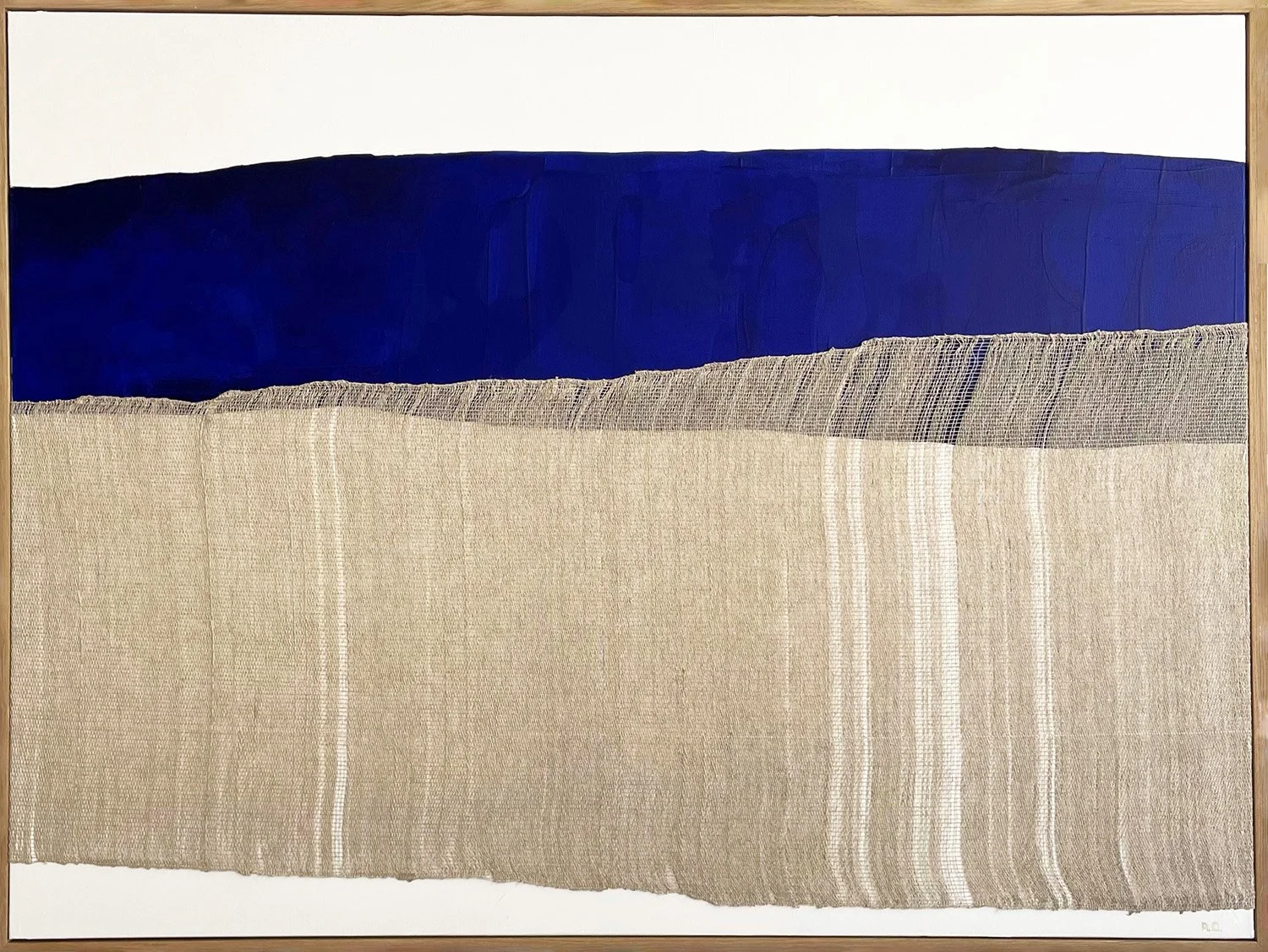 Horizons VI (2022) by Aggeliki Dimitriadou. Large-scale linen weaving over blue and white acrylic on canvas (90x120cm). A minimalist fiber art composition reflecting the serenity of an abstract horizon.