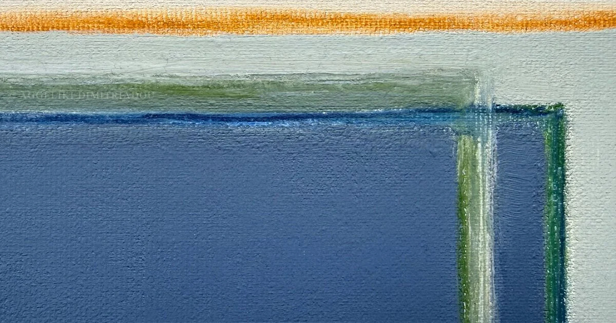 Detailed close-up of an abstract painting from the Traces collection, showing rich oil textures and layered brushstrokes in deep blue, green, and orange.