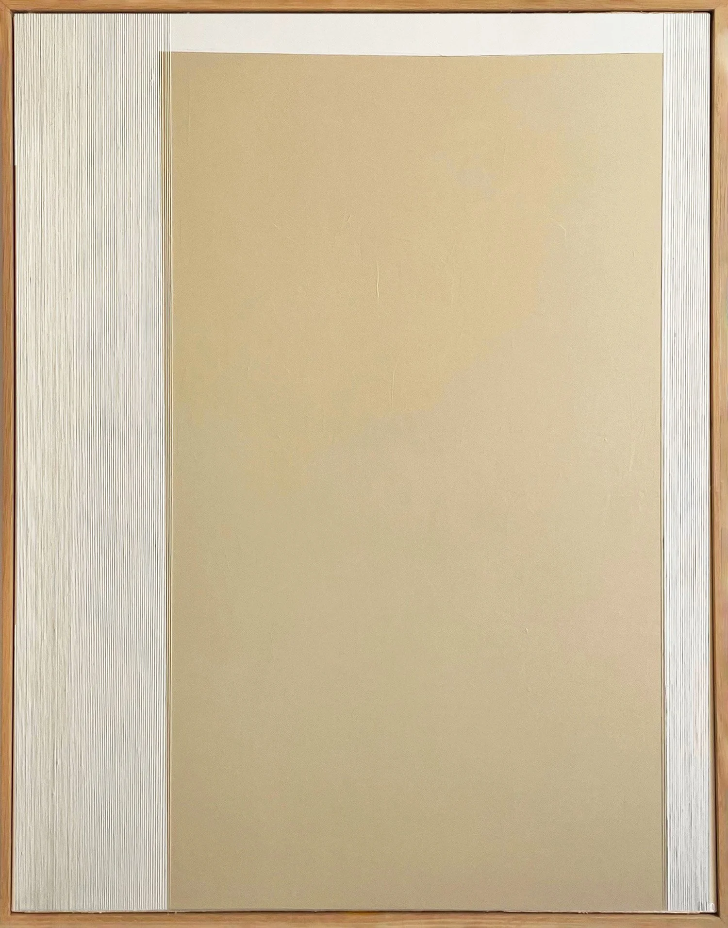 Minimalist abstract mixed media painting "Innocence V" by Aggeliki Dimitriadou, featuring a large central block of smooth beige acrylic paint flanked by two narrow, densely textured bands of vertical white threads on canvas.
