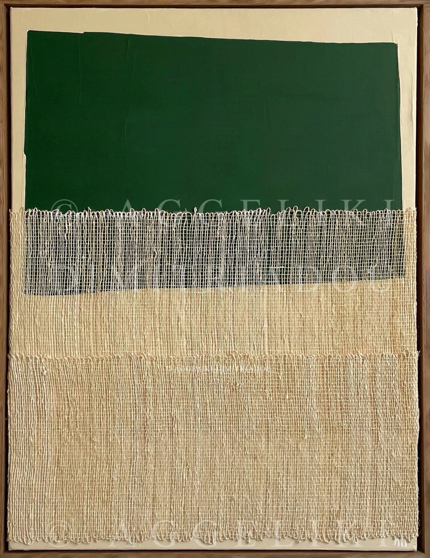 Mixed media abstract painting from the "Polymorphism" series by Aggeliki Dimitriadou. Features a green acrylic color field contrasted with two layers of hand-woven natural hemp weaving on canvas.