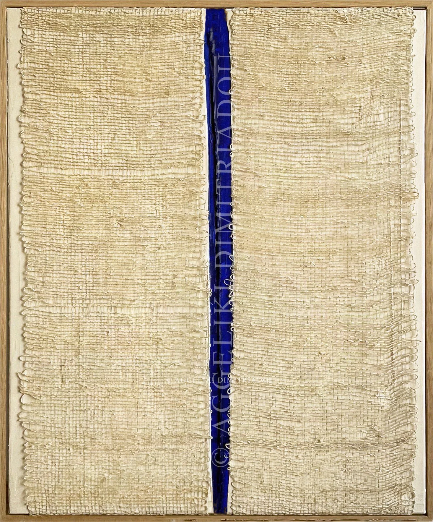 Gap VIII by Aggeliki Dimitriadou. Hand-woven hemp fiber on canvas featuring a striking vertical gap that reveals a deep blue acrylic background. Exploration of textile texture and monochromatic color.