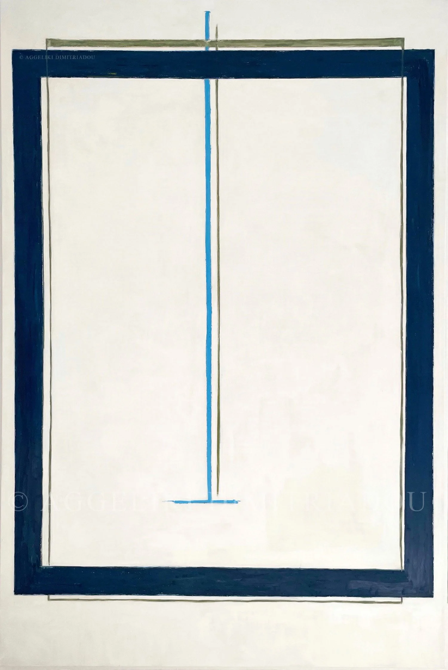 Minimalist color field painting titled 'Dreaming of a Splash' by Aggeliki Dimitriadou, showing a sharp dark blue horizontal band slicing through a warm beige canvas.