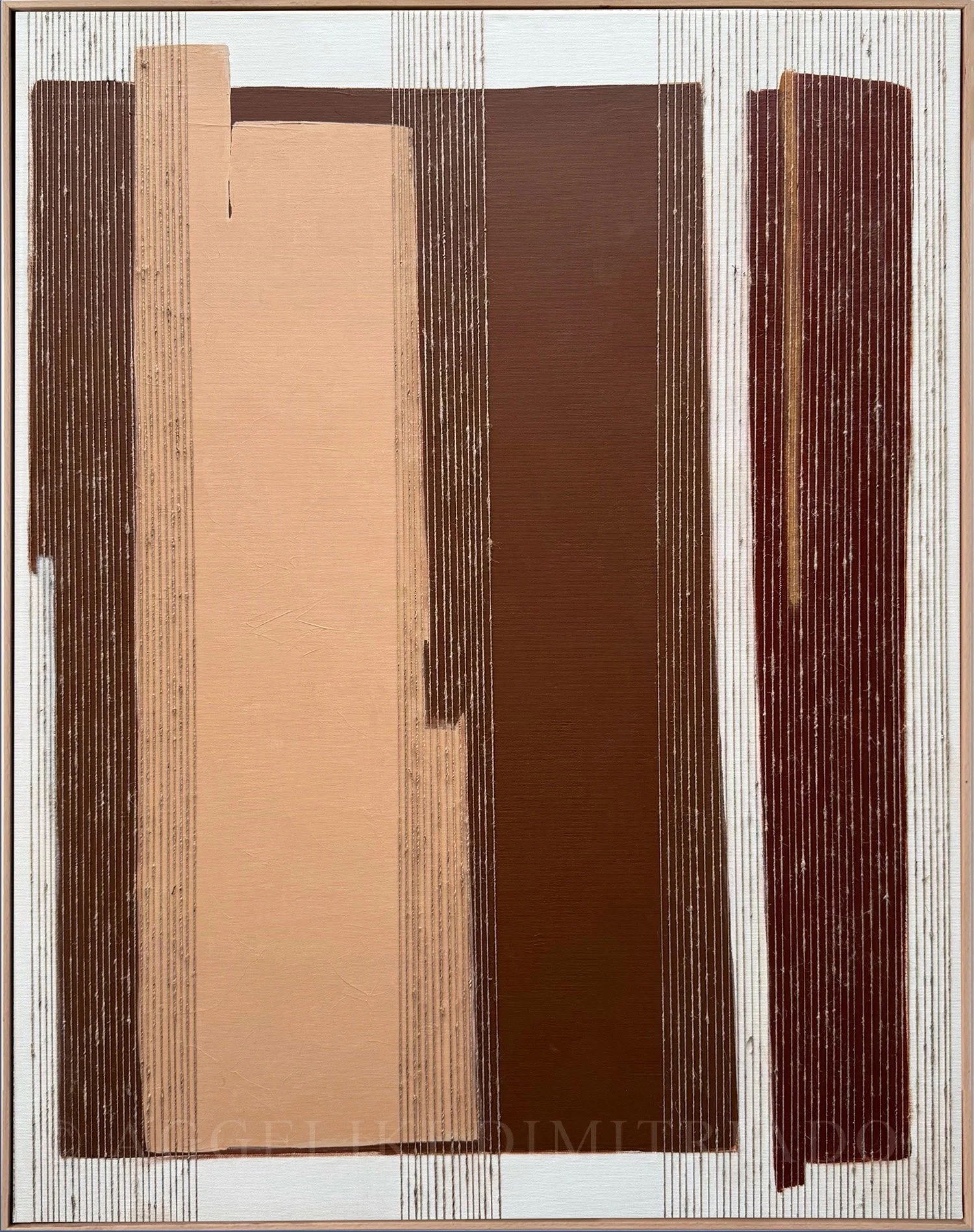 Abstract mixed media painting "Innocence X" by Aggeliki Dimitriadou, featuring vertical natural nettle fibers hand-placed over contrasting fields of deep brown and terracotta acrylic on canvas.