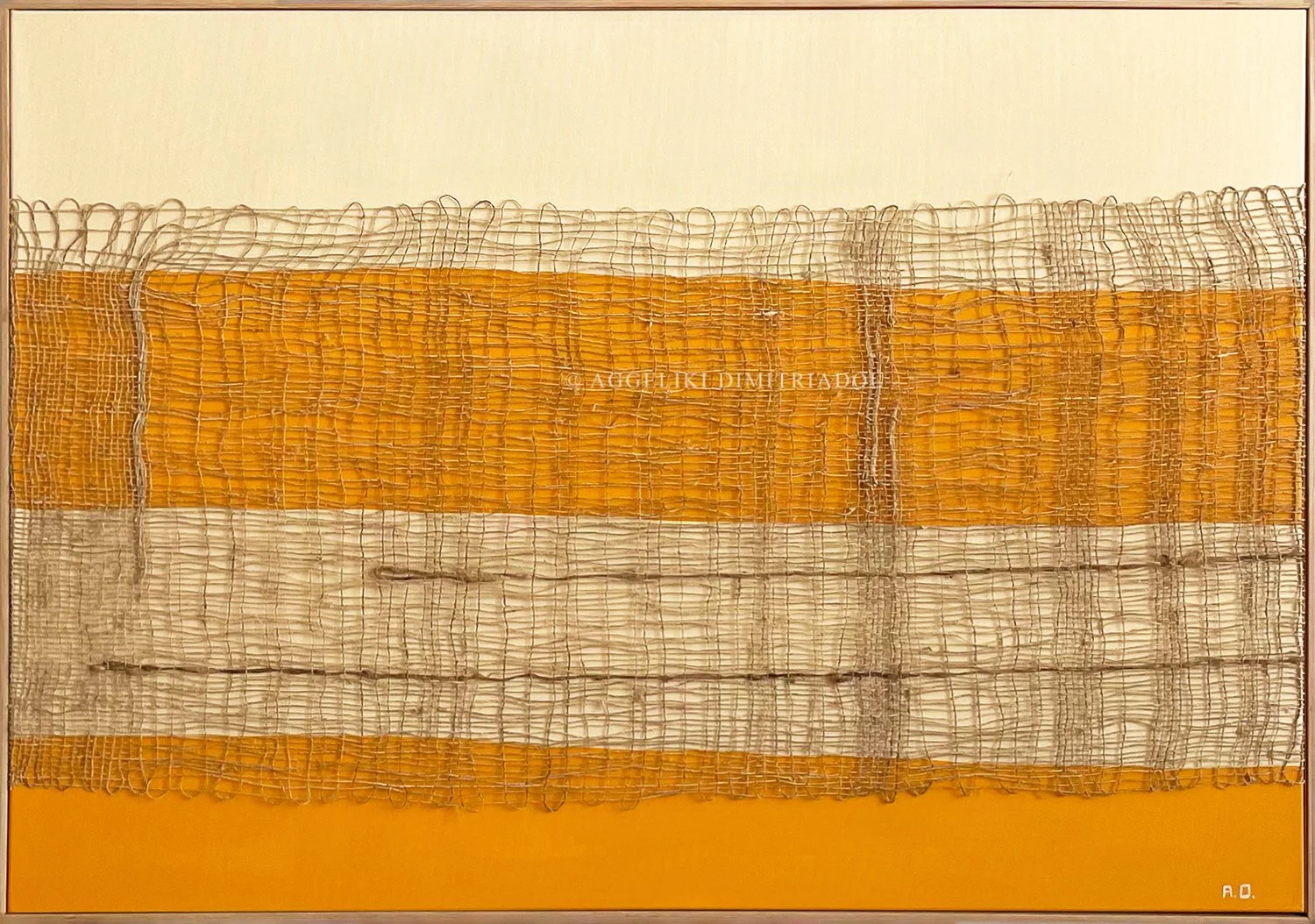 Thira Series 3, No. 6 by Aggeliki Dimitriadou. Minimalist fiber art on canvas. A clean vertical gap reveals the ochre acrylic layer beneath the hemp weaving.