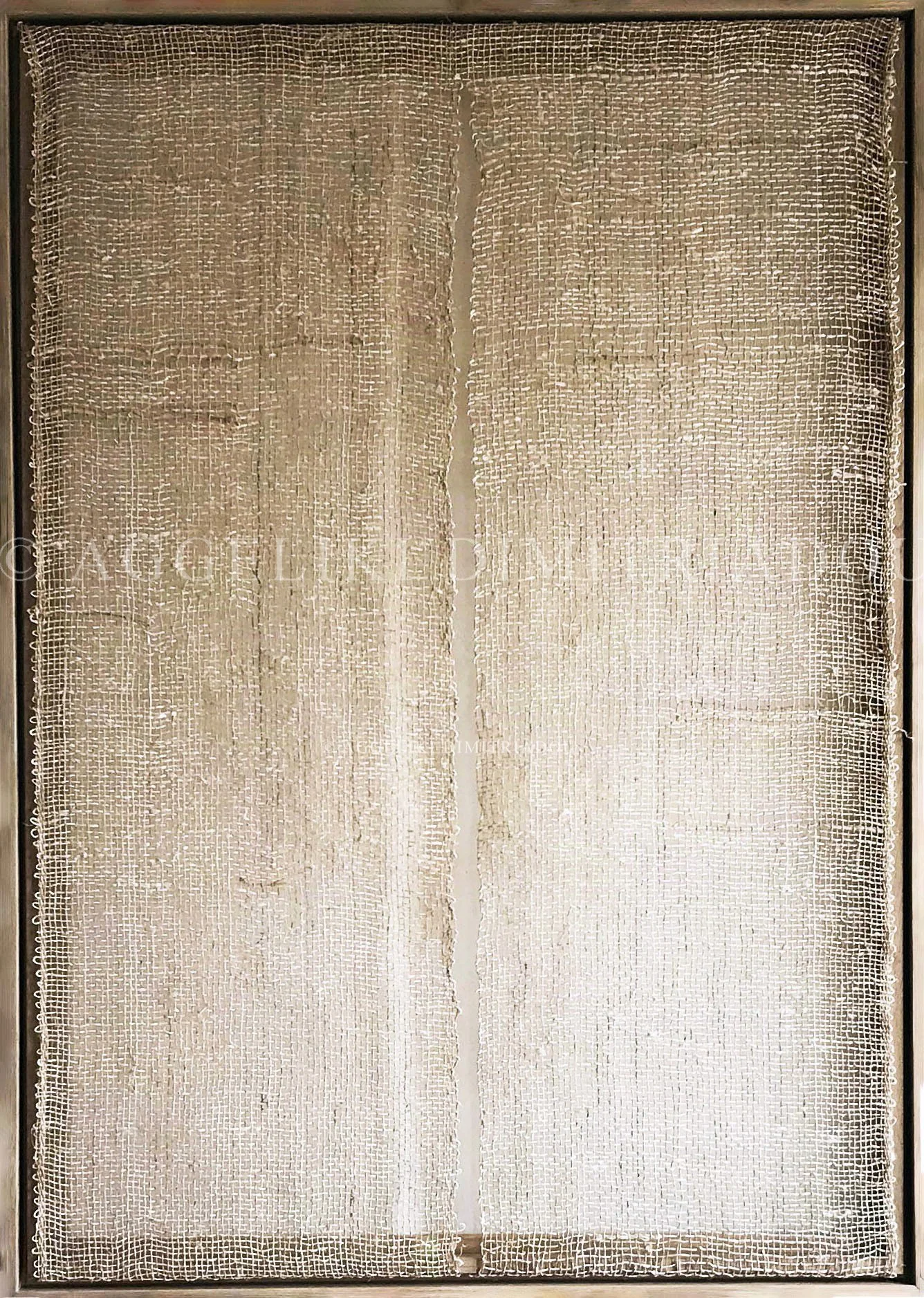 Gap I by Aggeliki Dimitriadou. Hand-woven hemp fiber stretched on a wooden frame without canvas. A minimalist study on space, transparency, and the organic texture of hemp yarn.