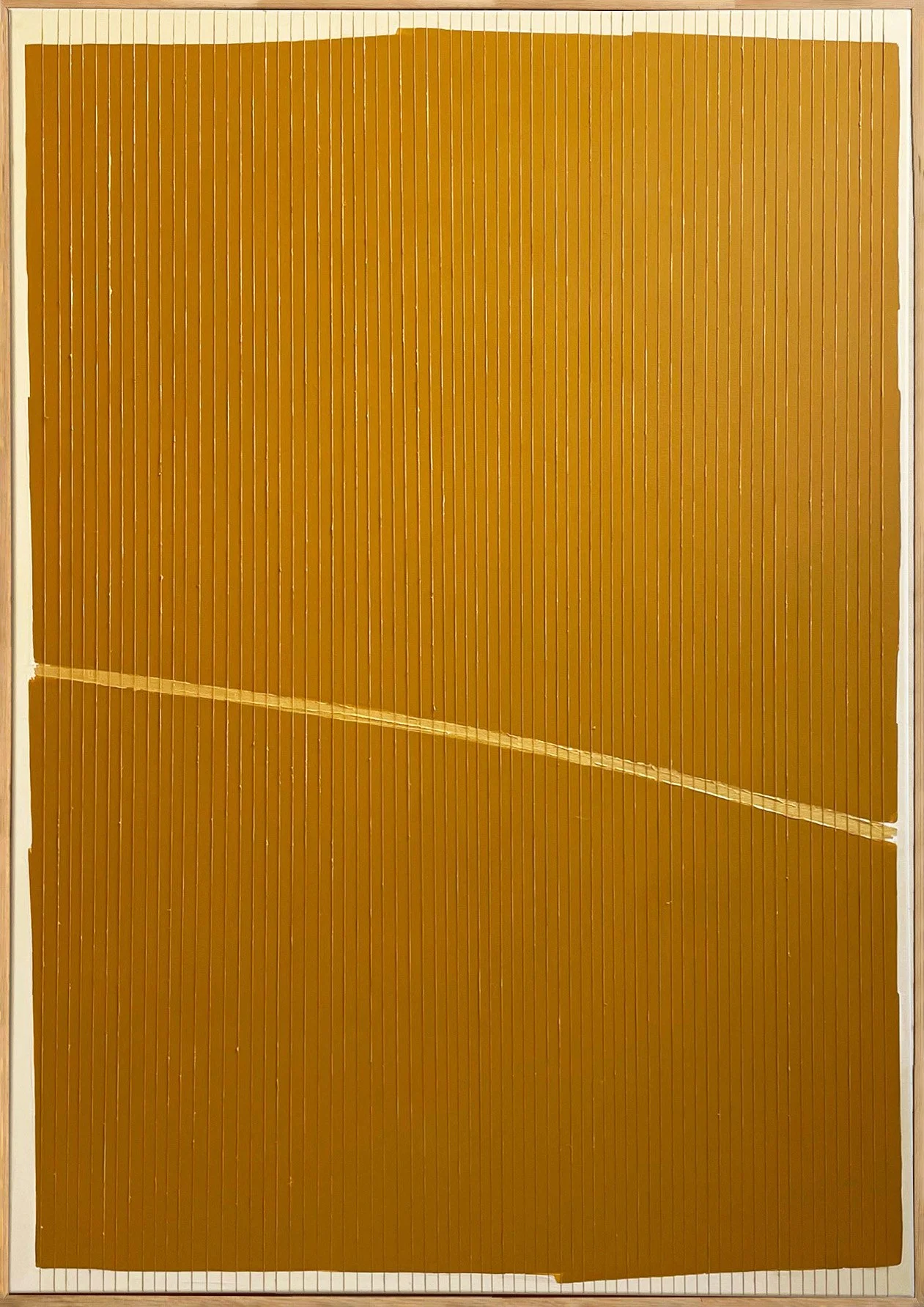 Mixed media painting "Dialogues VI" (2023) by Aggeliki Dimitriadou. A bold vertical composition featuring a solid gold acrylic column alongside parallel natural linen yarns, set against a dark earthy brown background on a 70x100 cm canvas.