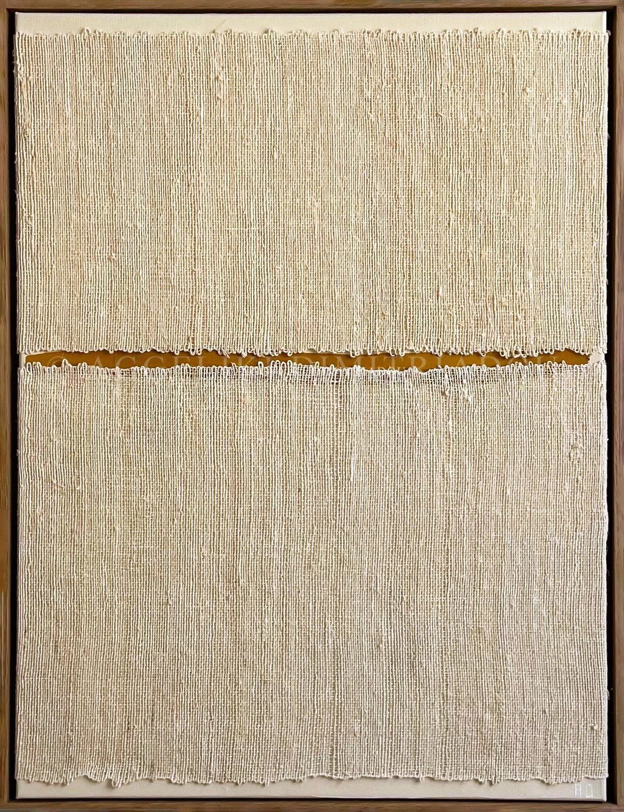 Gap XII by Aggeliki Dimitriadou. Hand-woven hemp fiber on canvas featuring a rare horizontal gap. The split reveals an ochre acrylic underlayer, exploring the structural limits of the loom.