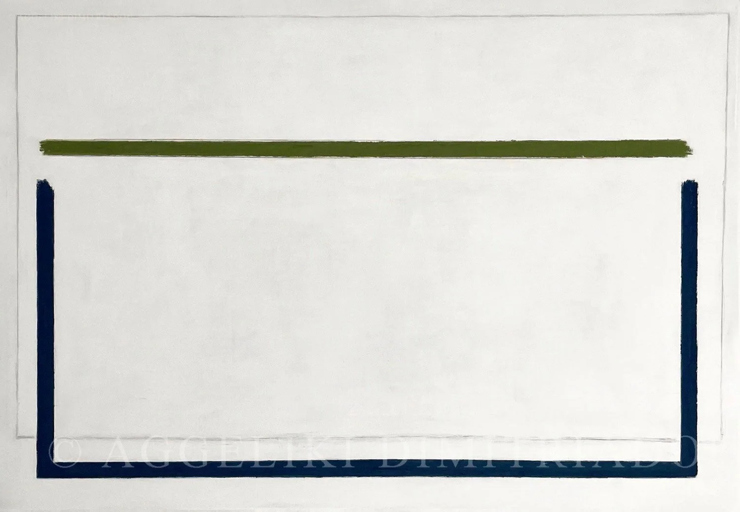 Minimalist abstract seascape titled 'Calm Sea' by Aggeliki Dimitriadou, featuring soft white and pale blue fields divided by a crisp horizon line.