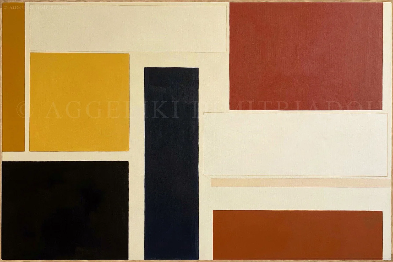 Abstract geometric painting titled Fragments V by Aggeliki Dimitriadou, featuring a bold composition of rectangular forms on a neutral background. The palette consists of warm, earthy tones including terracotta, yellow ochre and dark blue.
