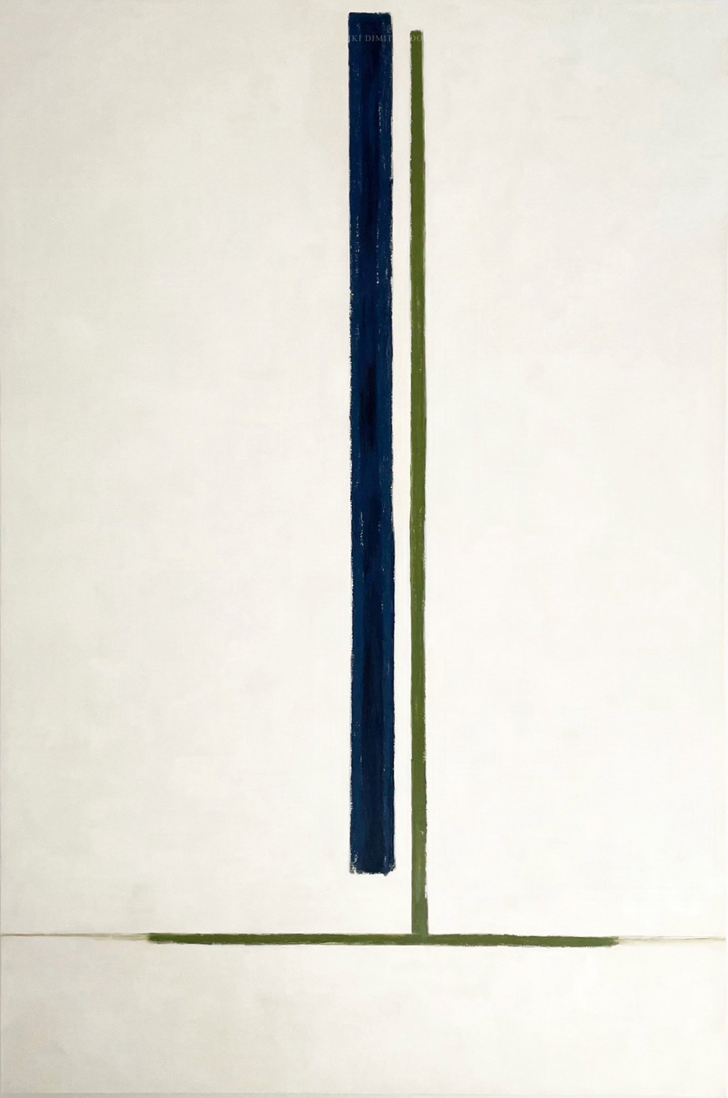 Minimalist abstract painting 'Couple on a hot day' by Aggeliki Dimitriadou. Features two vertical lines in deep blue and olive green on a textured off-white background.