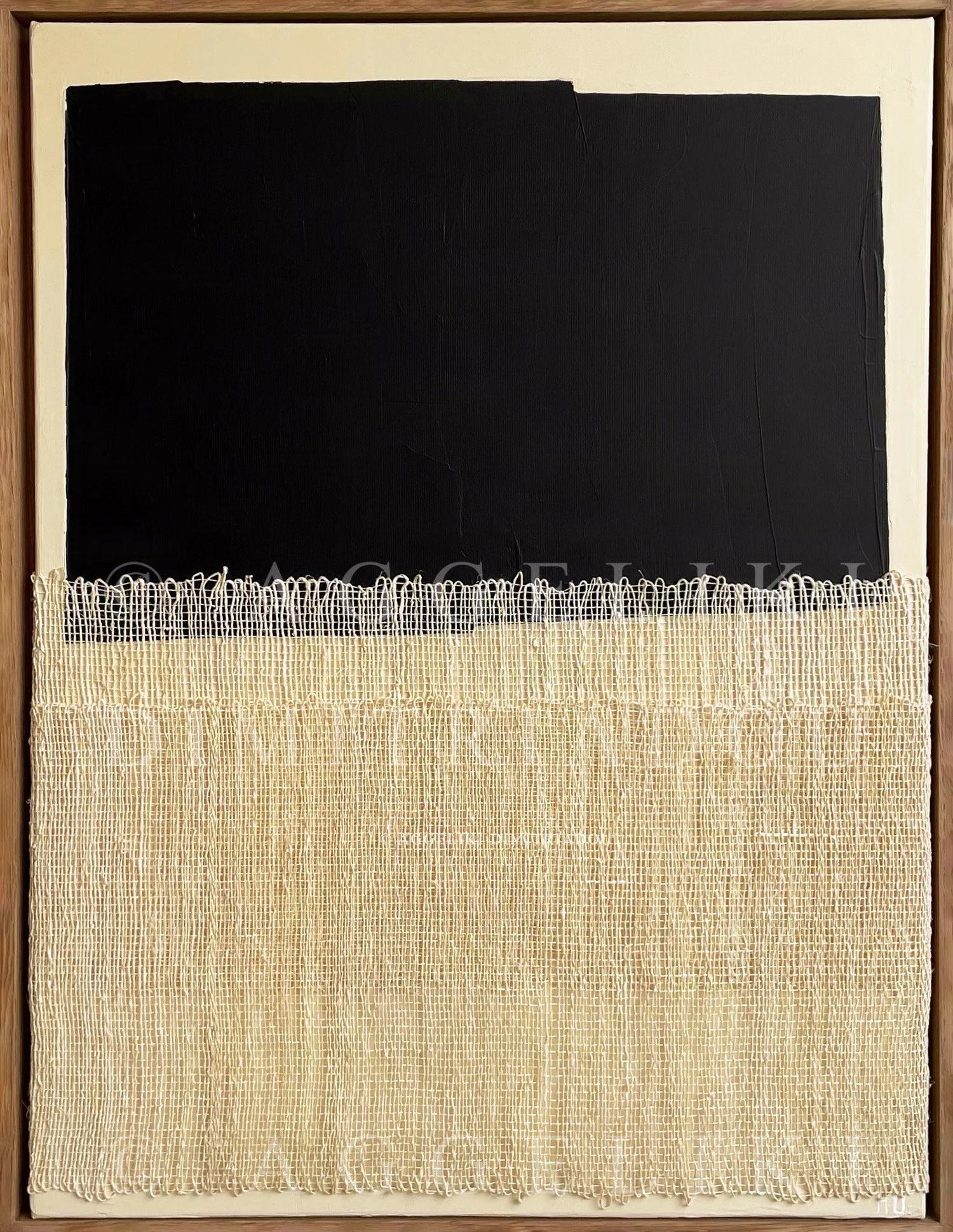 Mixed media abstract painting from the "Polymorphism" series by Aggeliki Dimitriadou. Features a black acrylic color field contrasted with two layers of hand-woven natural hemp weaving on canvas.