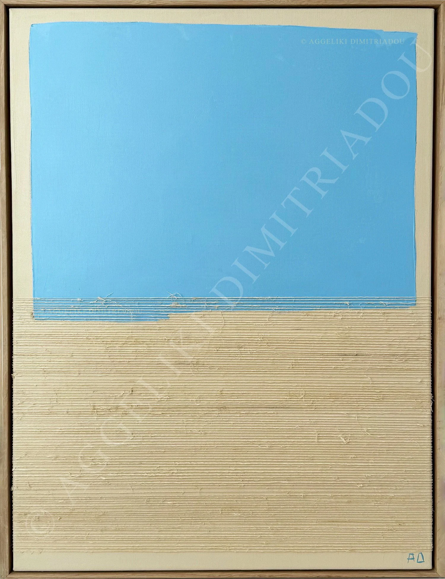 Mixed media painting "Untitled I" from the Synthesis series by Aggeliki Dimitriadou. Natural hemp yarn is meticulously wrapped around the canvas, creating a rhythmic linear pattern over a background of blue and white acrylic fields.