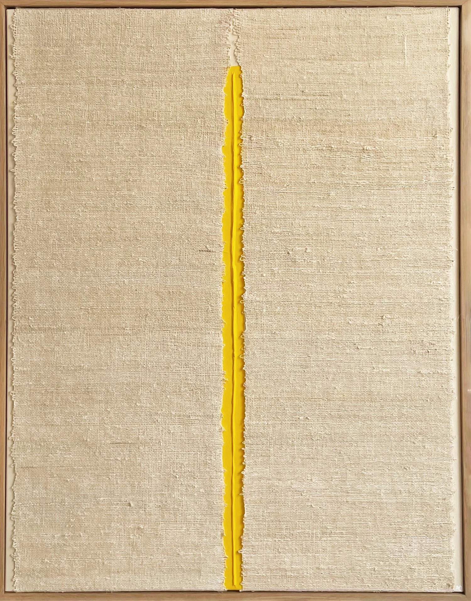 Gap XI by Aggeliki Dimitriadou. Hand-woven hemp fiber over a vibrant yellow acrylic background on canvas. Intersection of traditional weaving techniques and modern abstract painting.