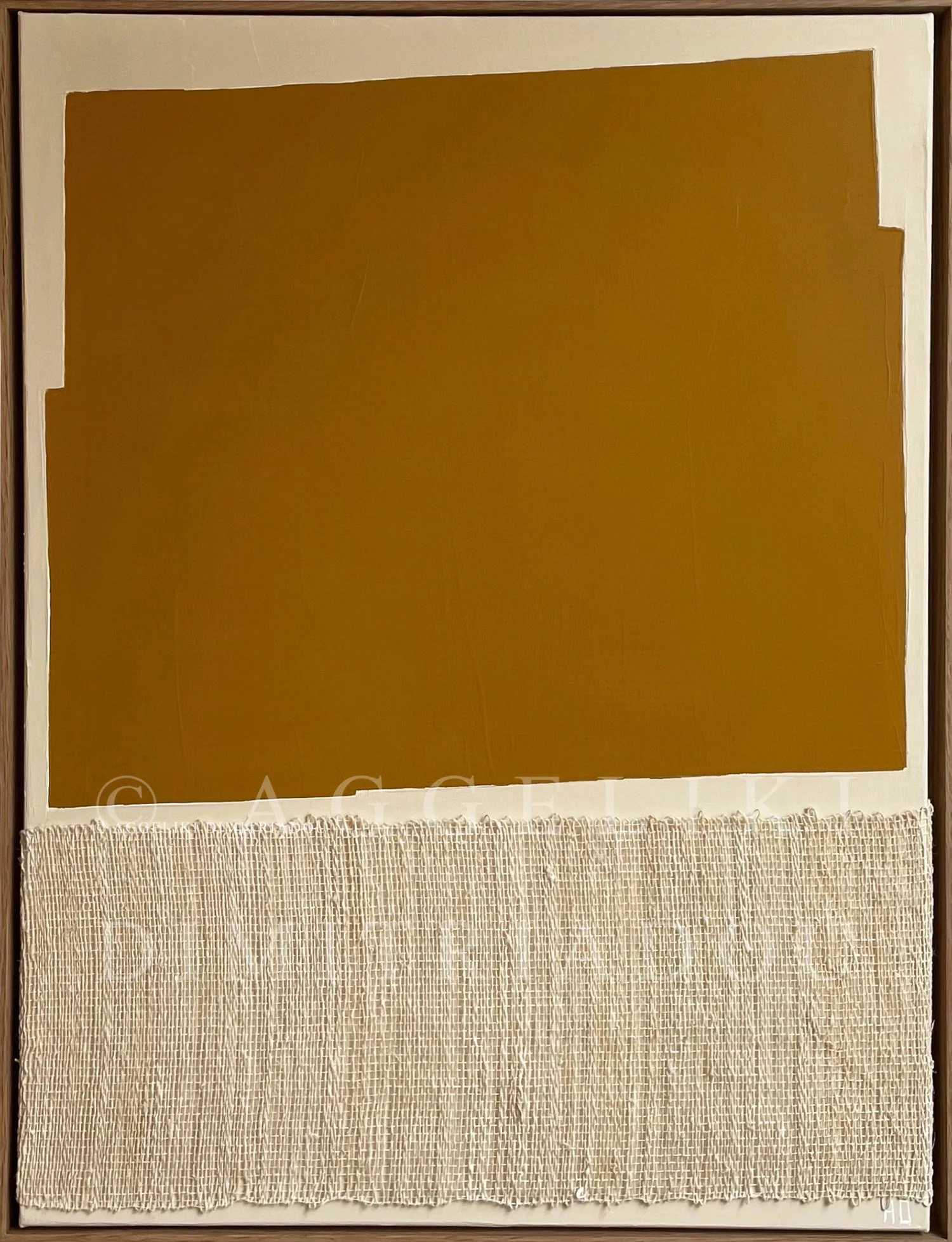 Mixed media abstract painting from the "Polymorphism" series by Aggeliki Dimitriadou. Features a green acrylic color field contrasted with two layers of hand-woven natural hemp weaving on canvas.