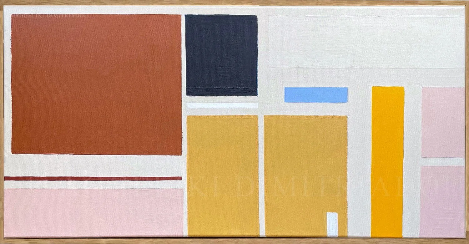 Abstract acrylic painting titled Fragments I by Aggeliki Dimitriadou, showcasing a balanced geometric composition of rectangles and lines.