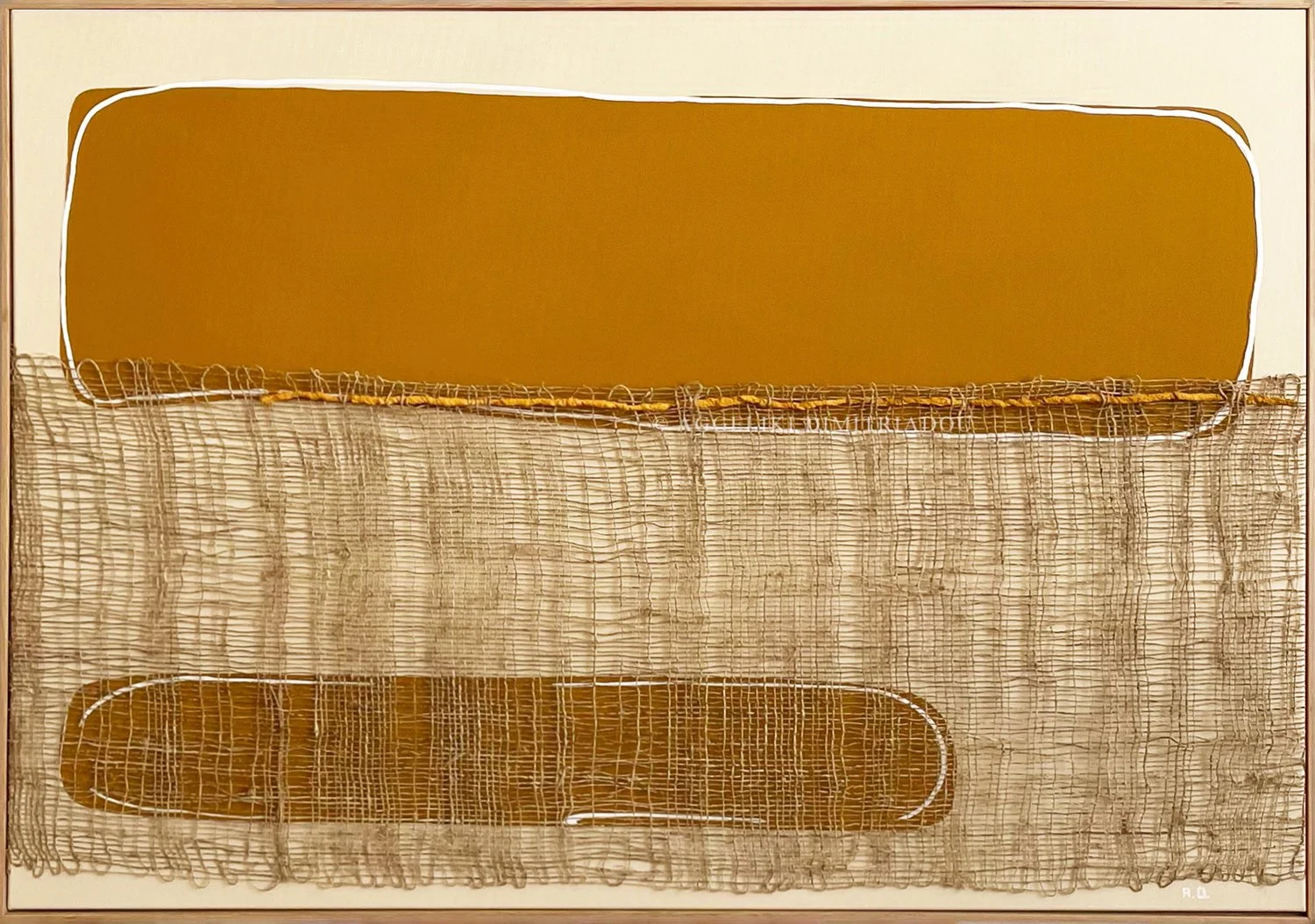 Thira Series 2, No. 1 by Aggeliki Dimitriadou. Acrylics and hemp/silk weaving on canvas, 70x100cm. Commissioned for Nobu Hotel Santorini. Featuring a vertical gap revealing a warm yellow-ochre background.