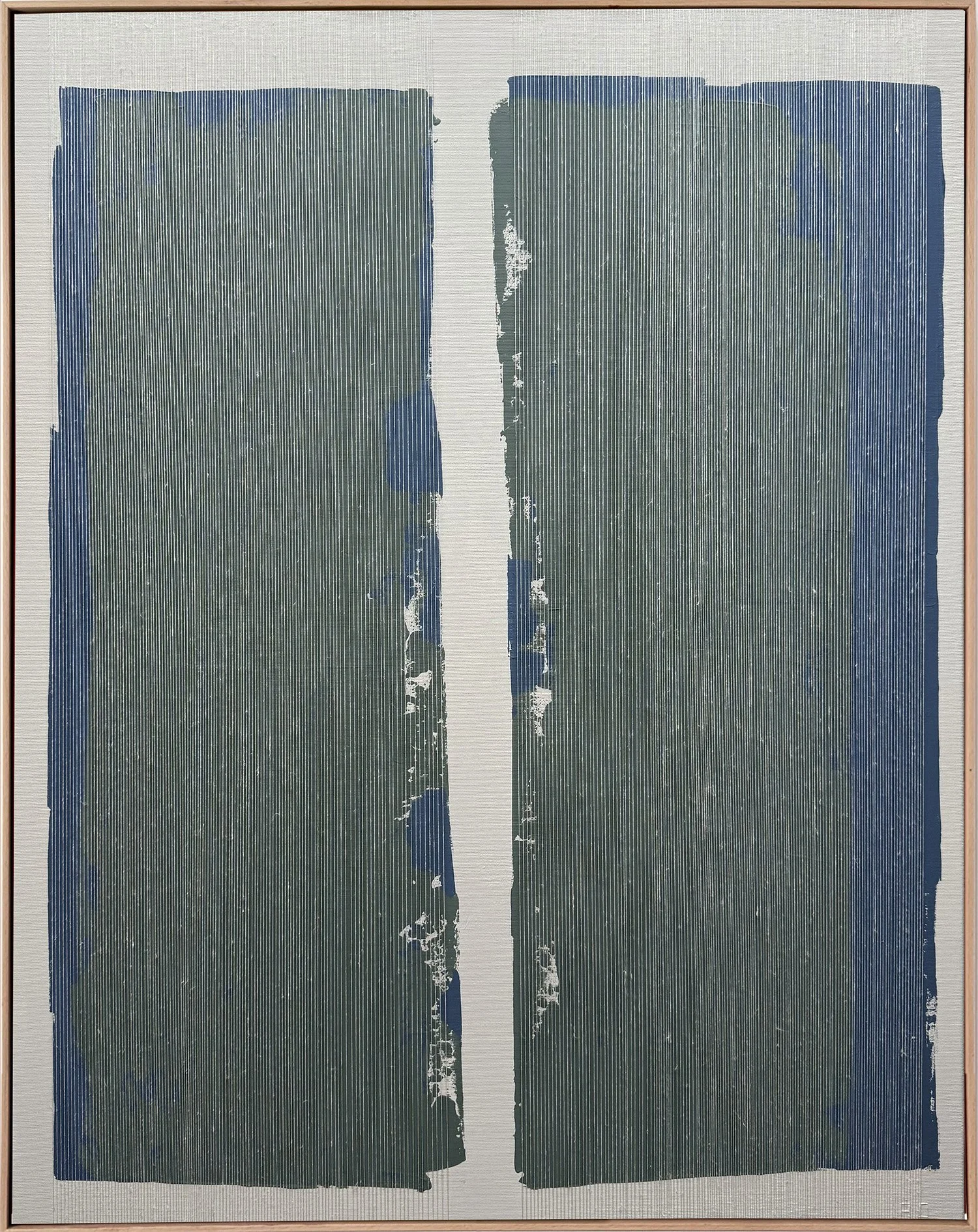Abstract mixed media artwork "Innocence VIII" by Aggeliki Dimitriadou, featuring vertical white threads over two large rectangular fields of deep green and blue acrylic on canvas.
