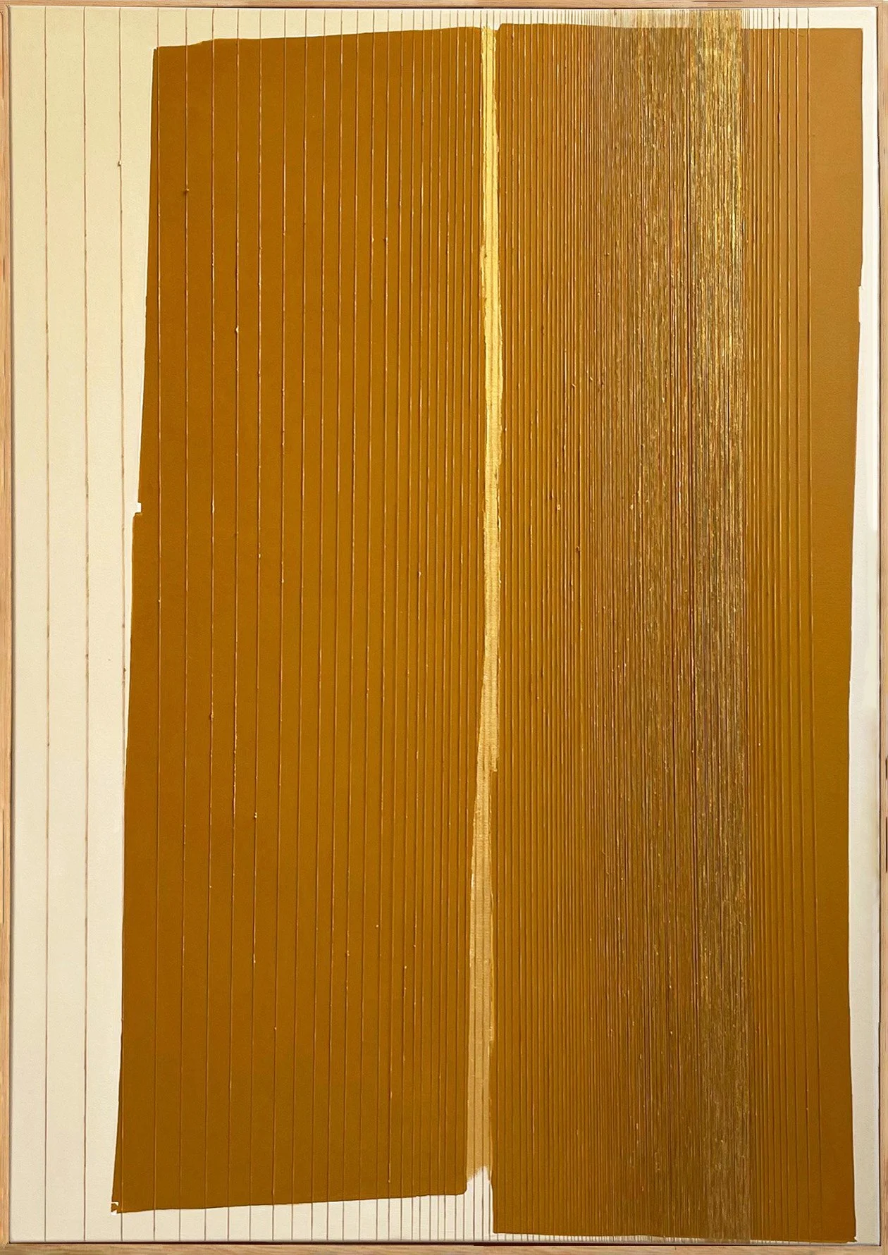 Mixed media painting "Dialogues V" (2023) by Aggeliki Dimitriadou. A minimalist vertical arrangement where a thin gold acrylic strip is accompanied by natural linen yarn on a layered background of earthy brown and beige tones, 70x100 cm.
