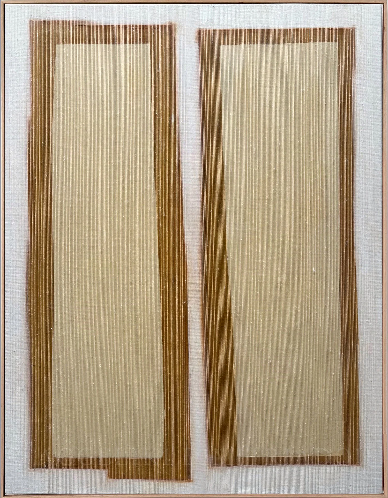Abstract mixed media painting "Innocence IX" by Aggeliki Dimitriadou, featuring two large ochre-colored rectangular fields with vertical thread textures and dark outlines on a light canvas background.