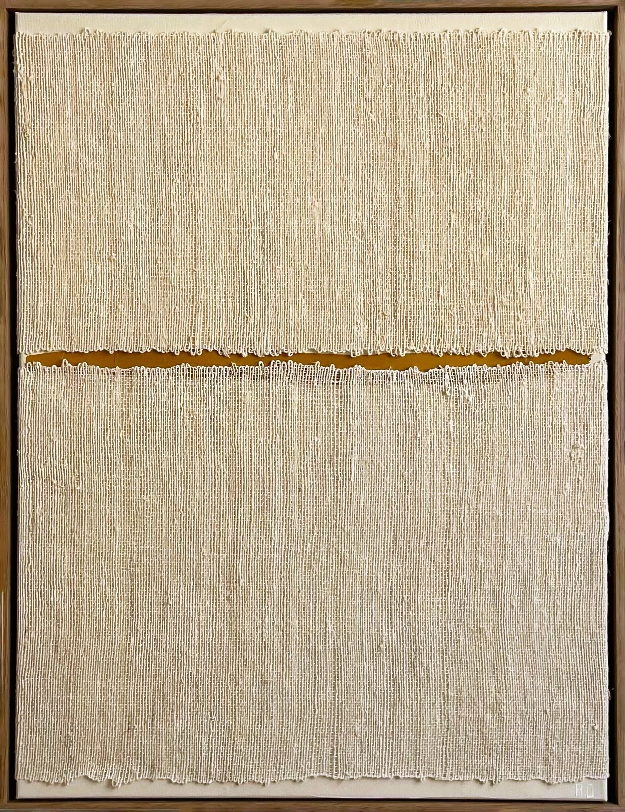 Gap XII by Aggeliki Dimitriadou. Hand-woven hemp fiber on canvas featuring a rare horizontal gap. The split reveals an ochre acrylic underlayer, exploring the structural limits of the loom.