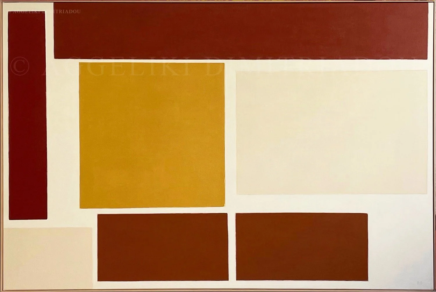 Abstract geometric painting titled Fragments III by Aggeliki Dimitriadou, featuring a bold composition of rectangular forms on a white background. The palette consists of warm, earthy tones including deep burgundy, yellow ochre.